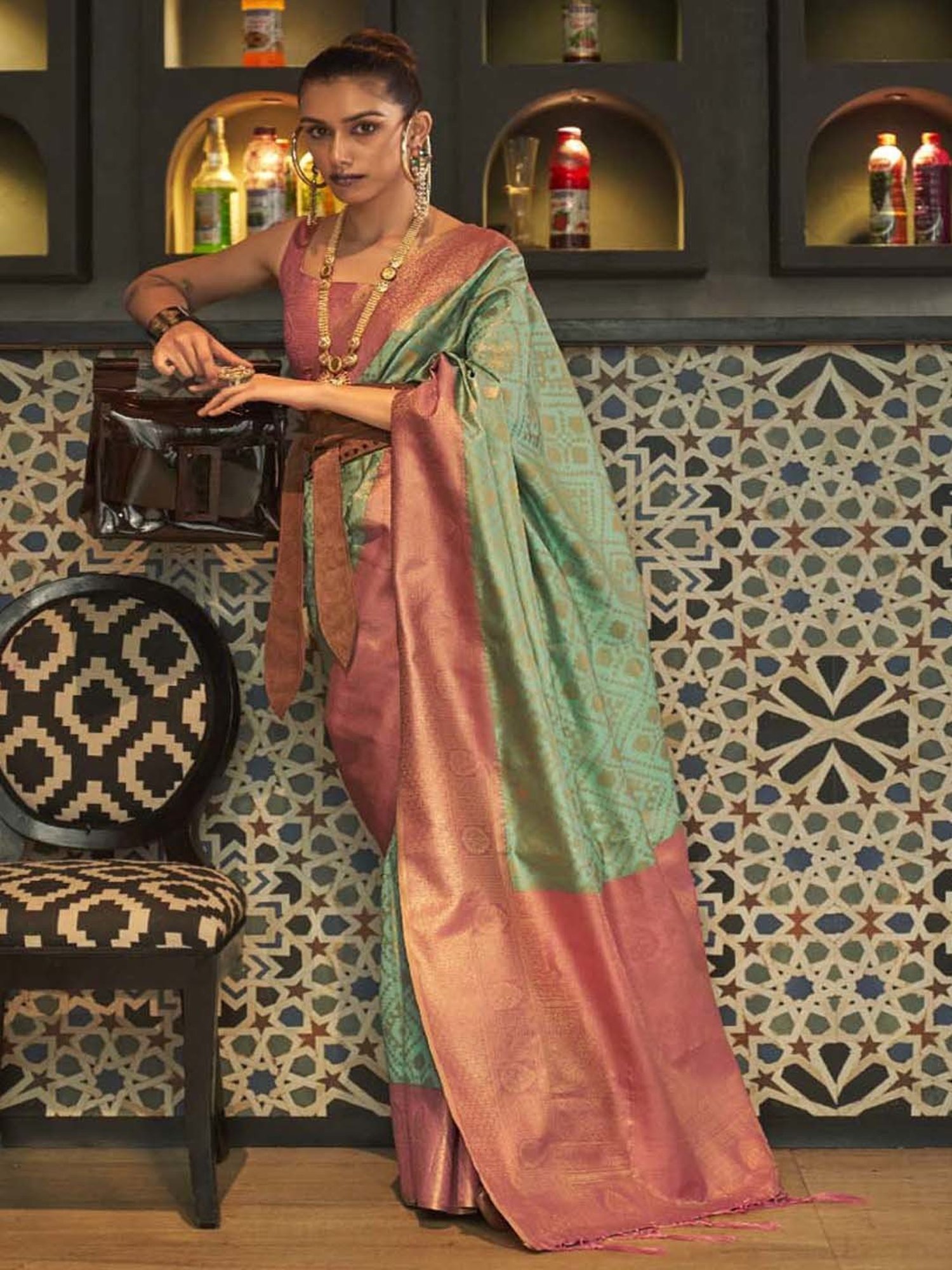 Elora Sage Green Silk Woven Saree With Unstitched Blouse