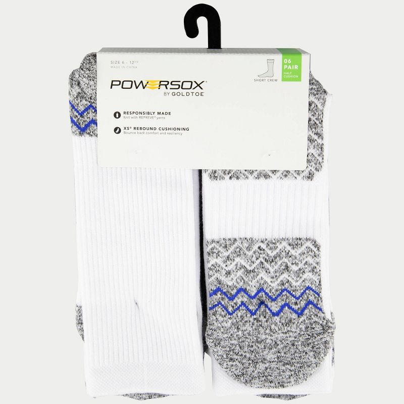 PowerSox Men's Sport 6pk Swervy Short Crew Athletic Socks - White/Blue 6-12.5