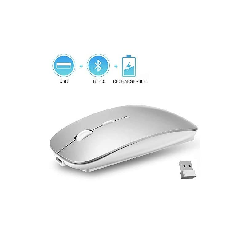 24GHz Wireless Bluetooth Mouse Dual Mode Slim Rechargeable Wireless Mouse Silent USB Mice 3 Adjustable DPICompatible for Laptop Windows MacBook Android MAC PC Computer Silver