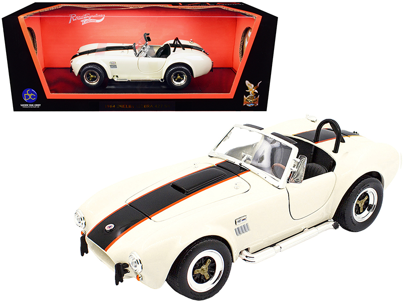 1965 Shelby Cobra 427 S/C Dark Blue Metallic with White Stripes with Printed Carroll Shelby's Signature on the Trunk 1/18 Diecast Model Car by Shelby Collectibles