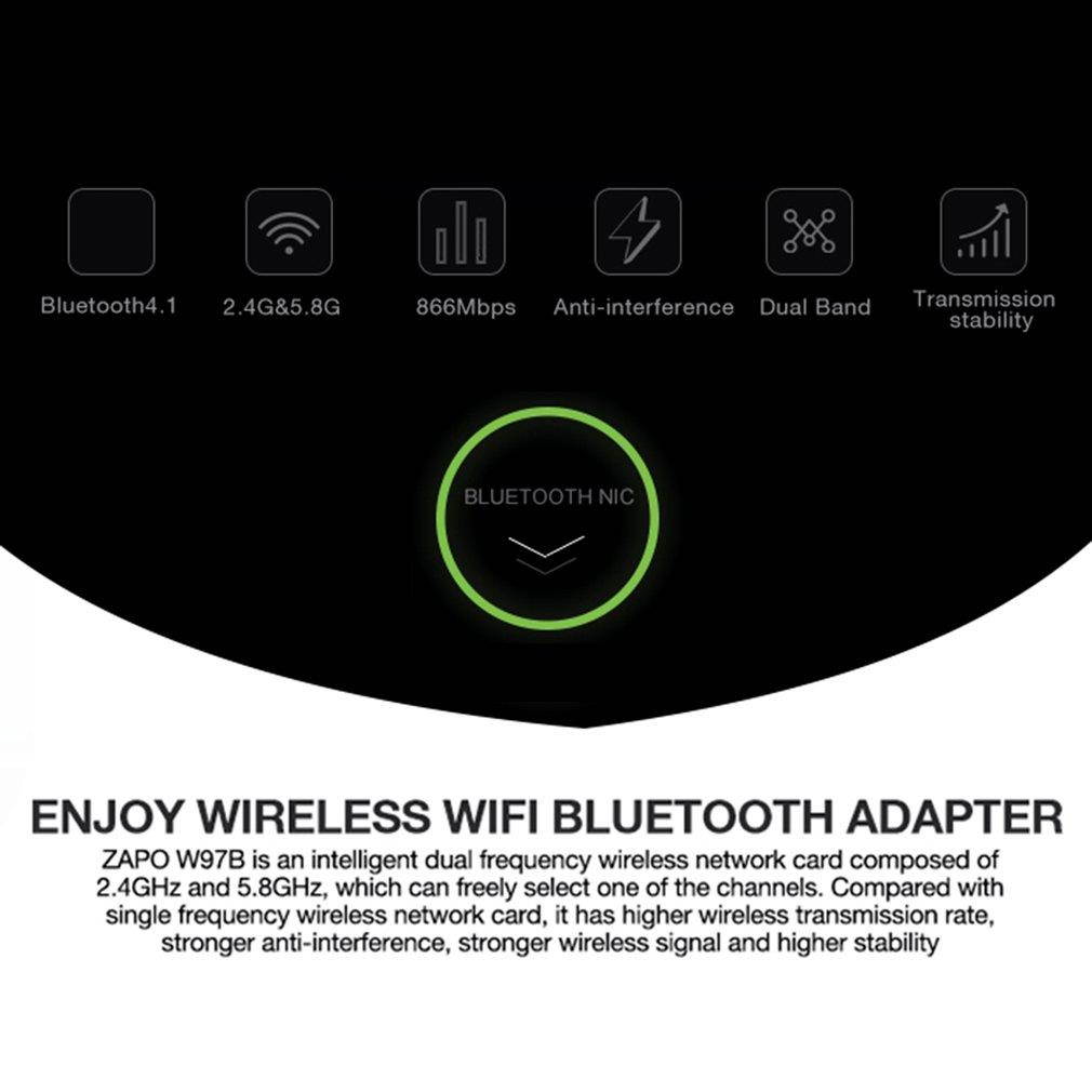 ZAPO W97B 1200M WIFI Anti-interference 2.4GHz & 5.8GHz Intelligence Dual Band AC Wireless Network Adapter with Bluetooth 4.1
