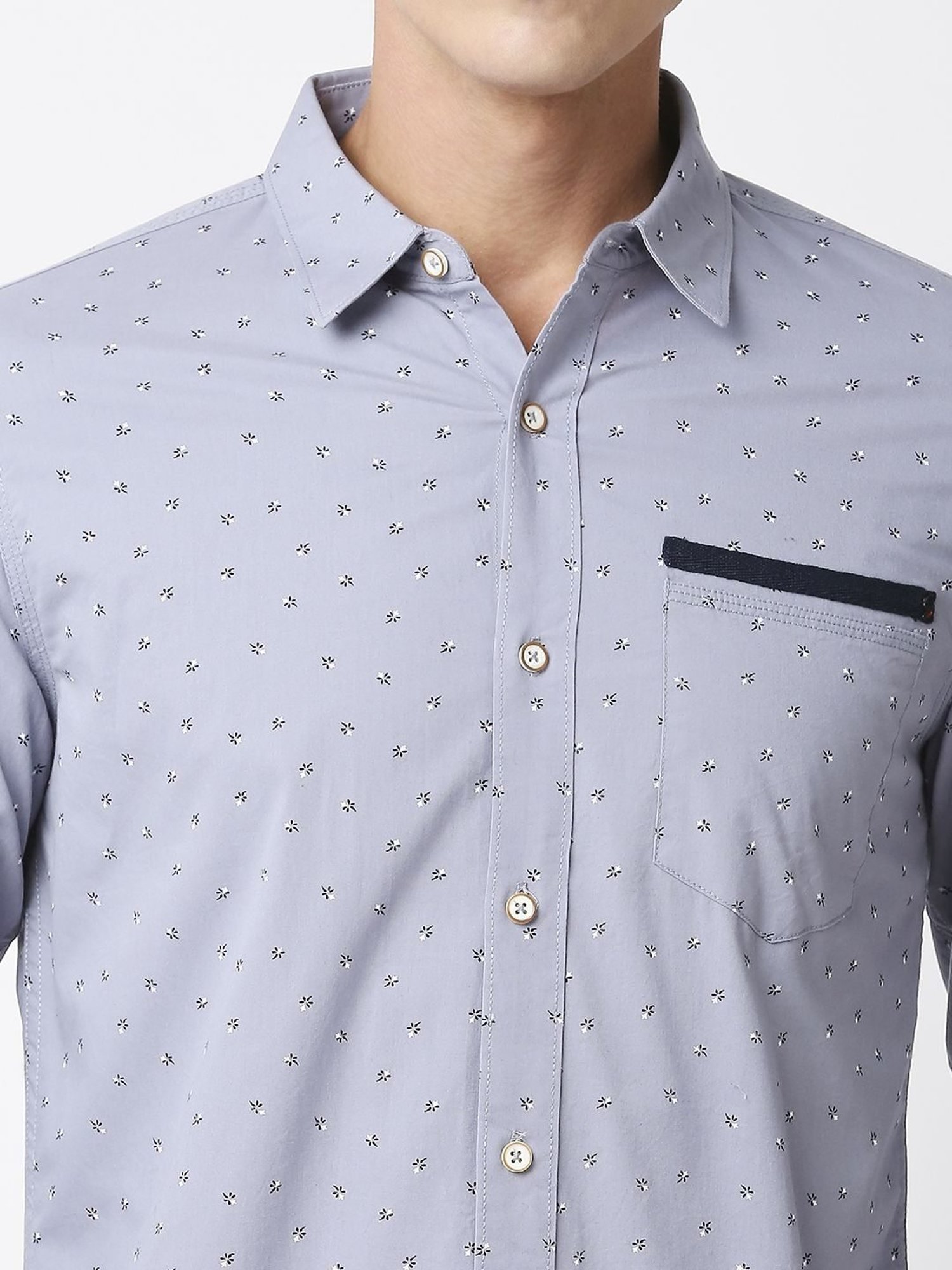 Solemio Grey Slim Fit Printed Shirt