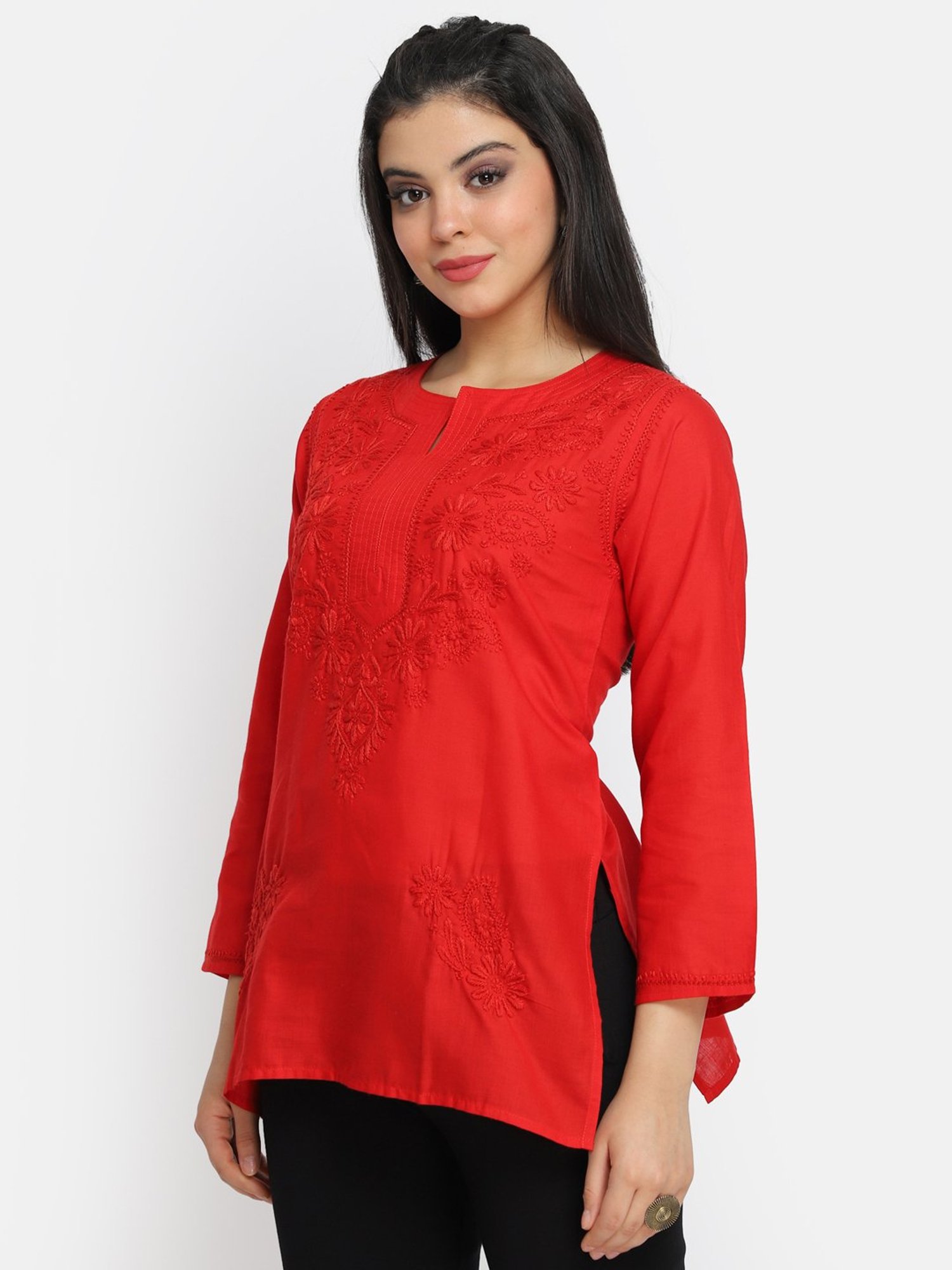 PARAMOUNT CHIKAN Red Cotton Chikankari Straight Short Kurti