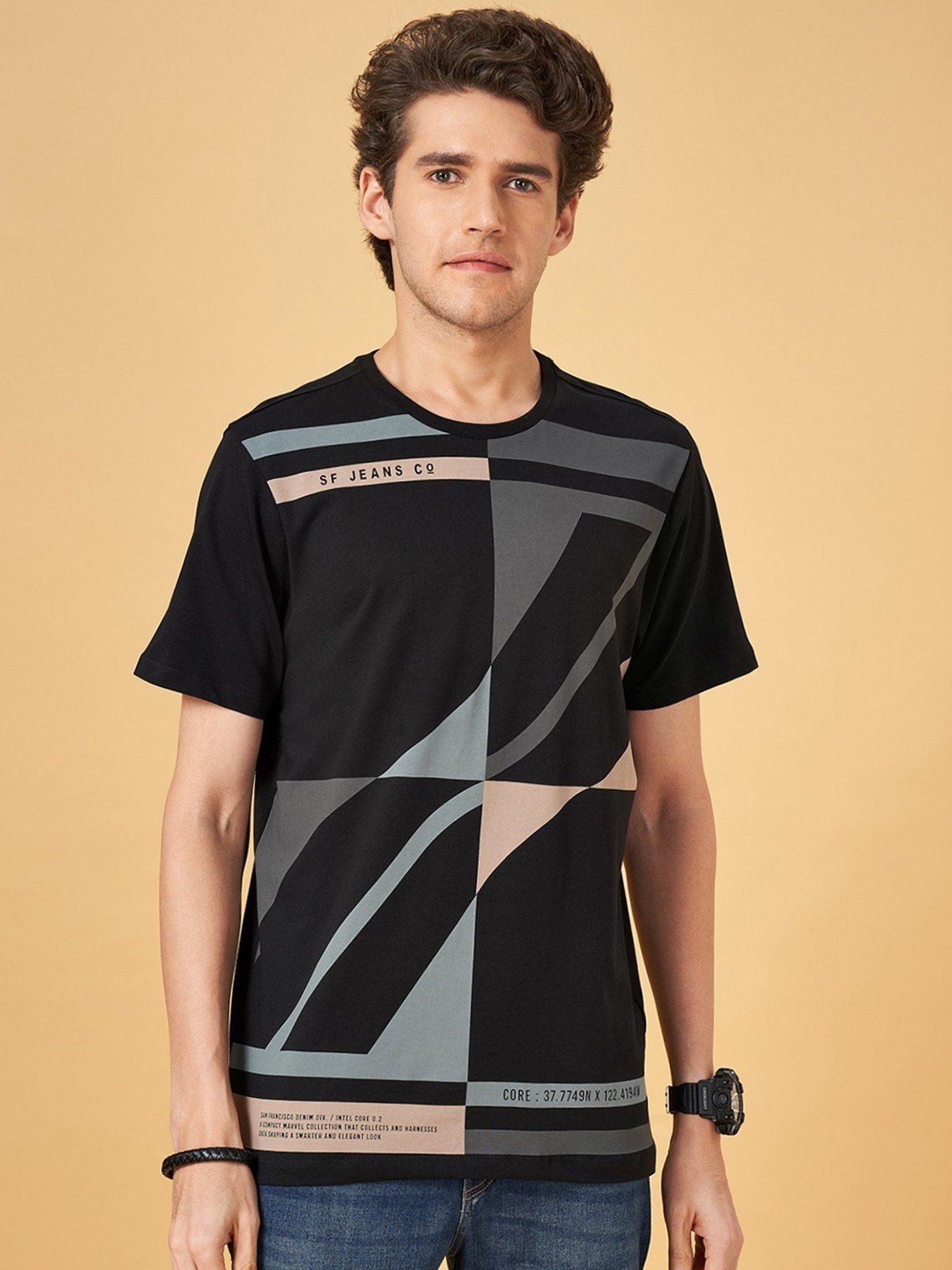 SF Jeans by Pantaloons Jet Black Cotton Slim Fit Printed T-Shirt