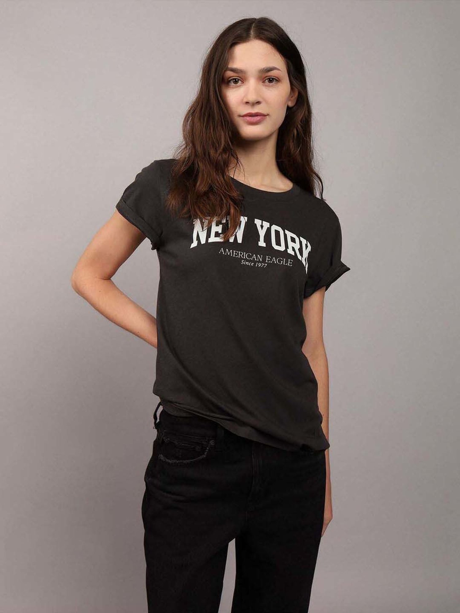 American Eagle Outfitters Black Cotton Printed T-Shirt