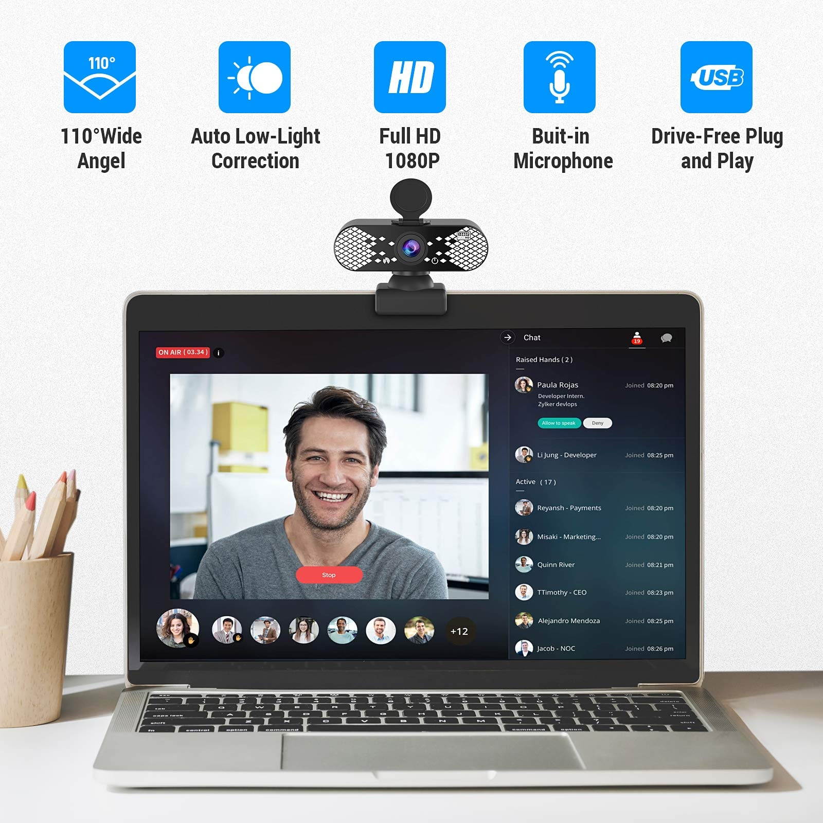 Webcam with Microphone, 1080P HD Webcam & Privacy Cover, USB Plug and Play Laptop PC Desktop Web Camera