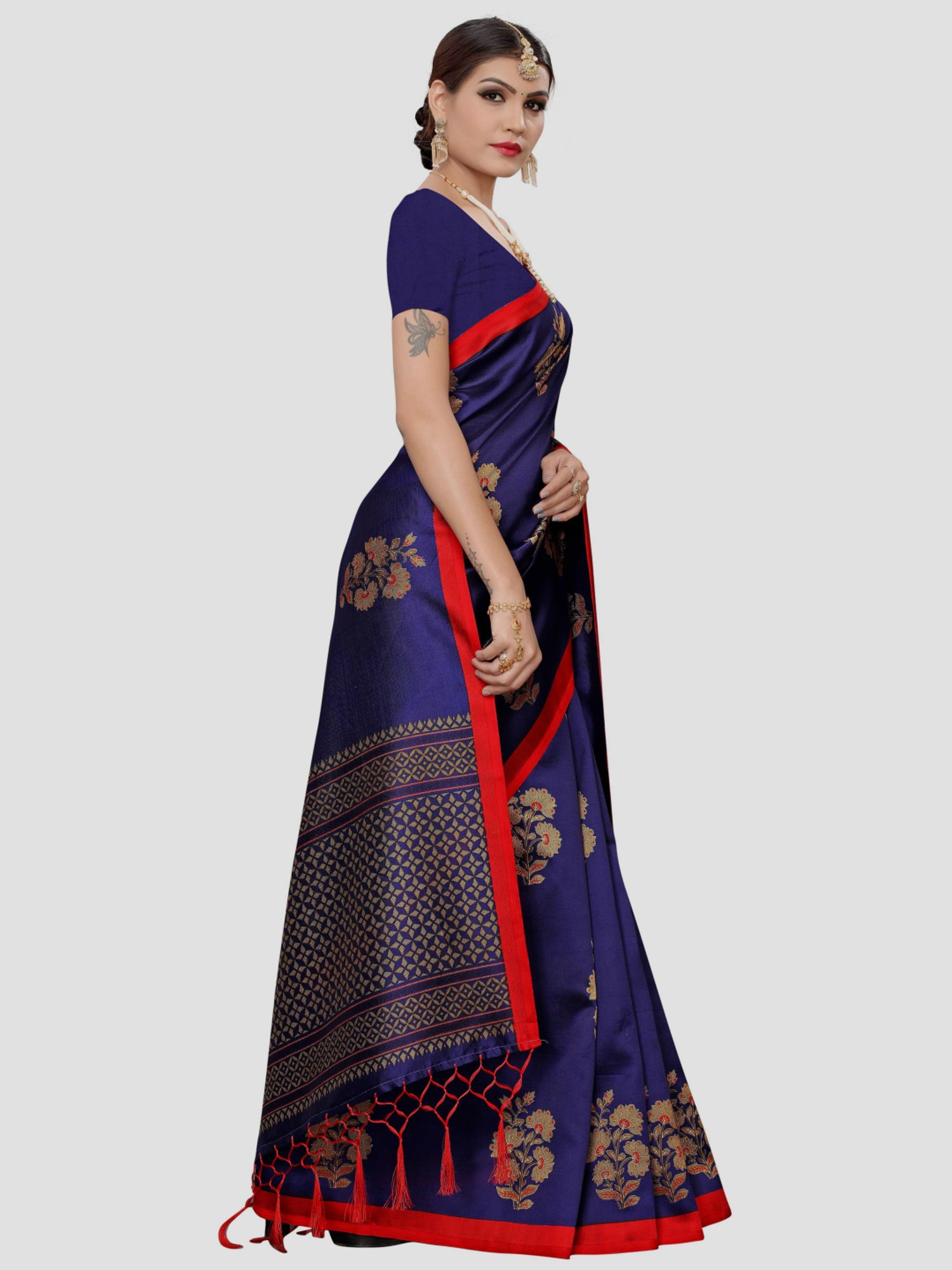 KSUT Ink Blue Printed Saree With Unstitched Blouse