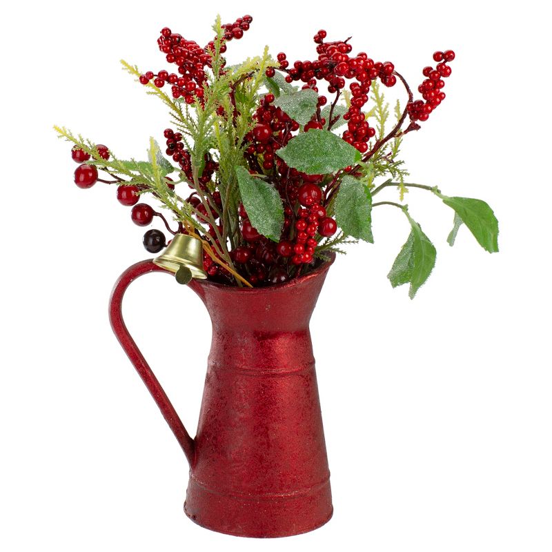 Northlight 13" Red and Green Foliage with Bell in Vintage Milk Jug Christmas Decoration