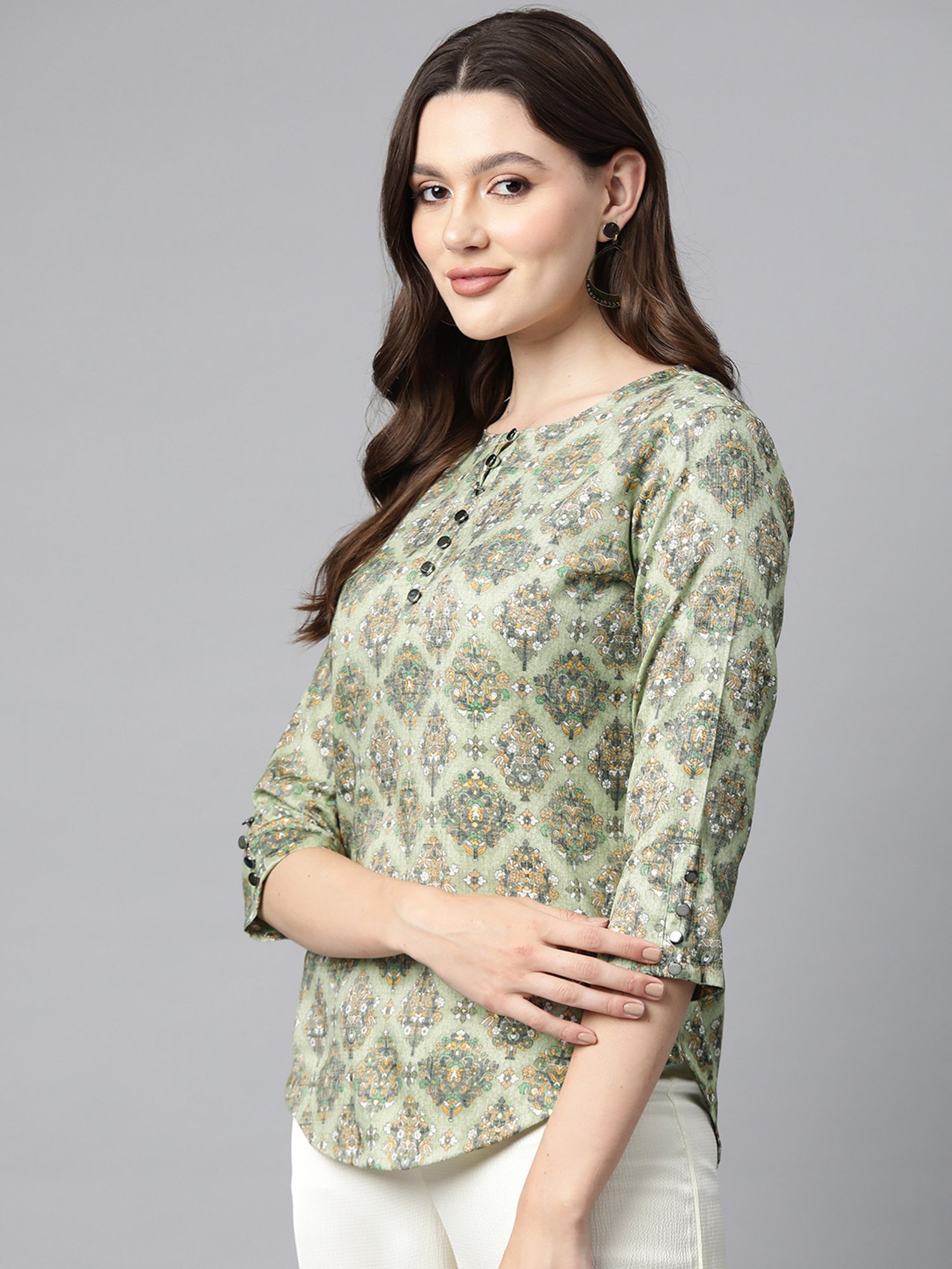 Cottinfab Green Floral Print Top
