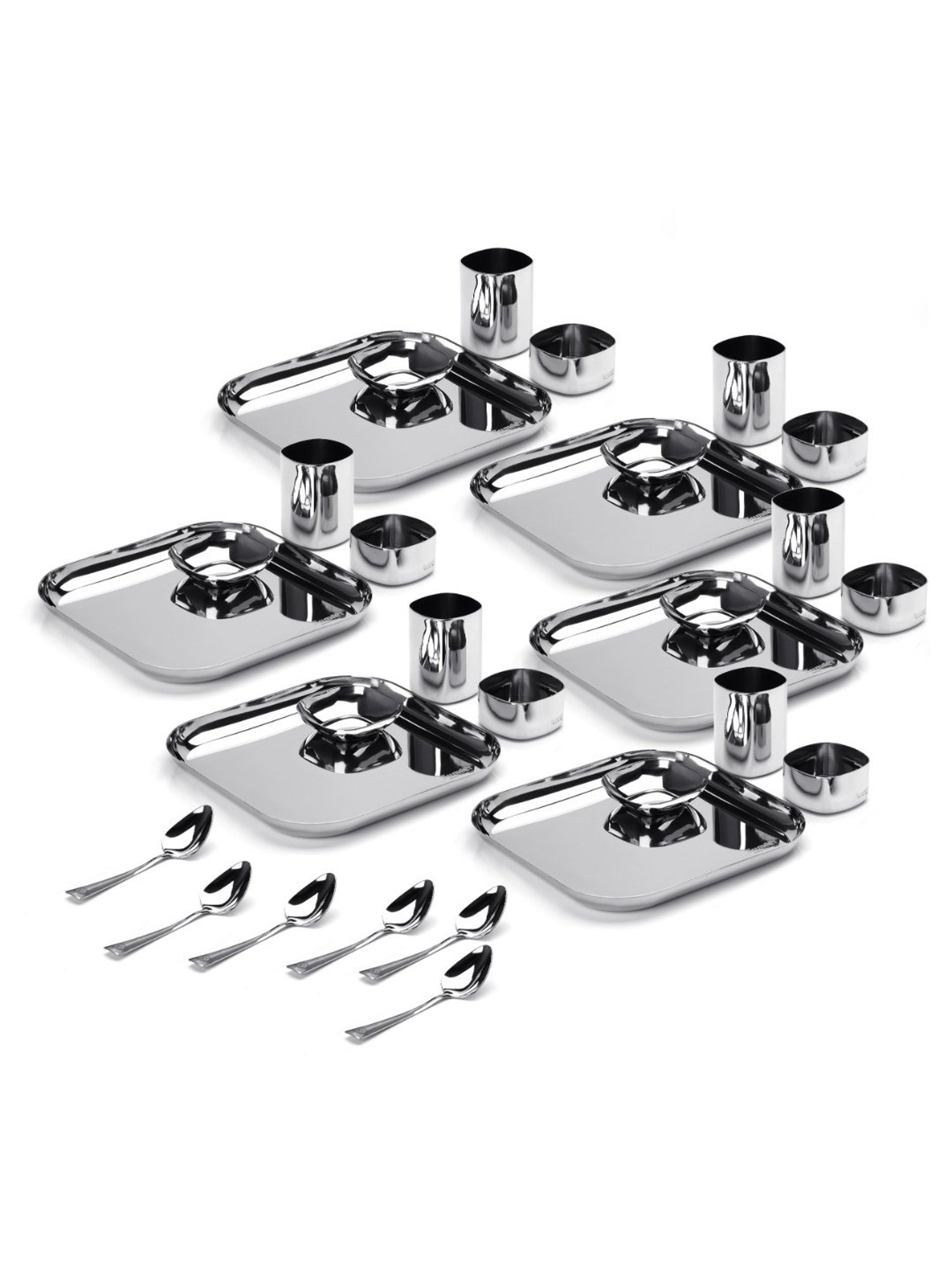Sumeet Square S.S. Mirror Finish Dinner set of 30Pc(6 Plate,6 Halwa Plate,6 Bowl ,6 Glass,6 Spoon)