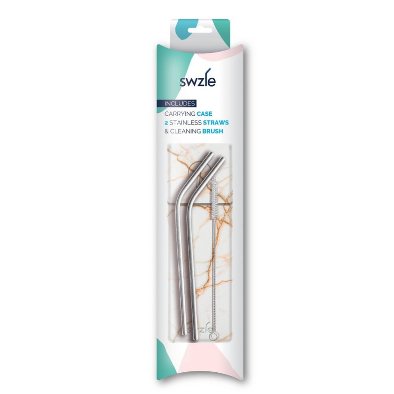 SWZLE Pack of 2 Reusable Stainless Steel Drinking Straws with Cleaning Brush and Case - Spanish Gold