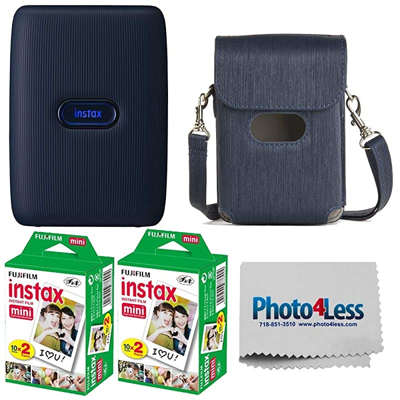 Instax Mini Link Smartphone Printer - (Dark Denim) + 2X  Instax Mini Twin Pack Instant Film (40 Sheets) + Protective Case for Fuji Link Printer