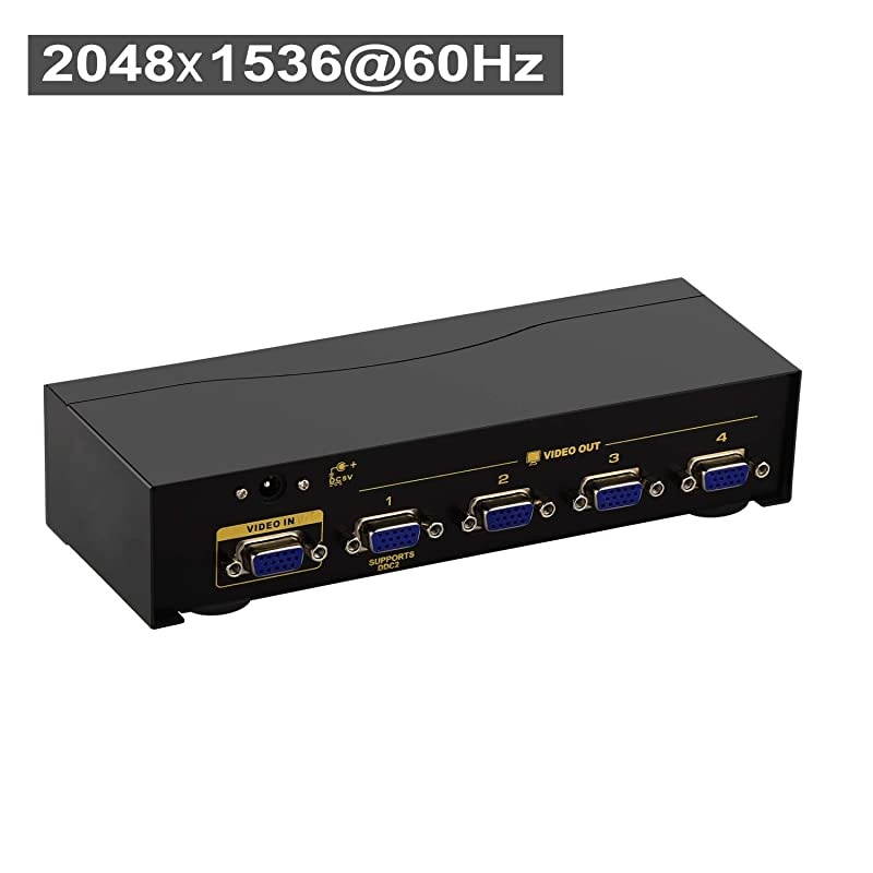 450MHz Bandwidth 2 Port VGA Splitter Amplifier Box 1 PC to 2 Monitors SVGA Video Splitter Support 2048 x 1536 Resolution up to 164ft for Screen Duplication