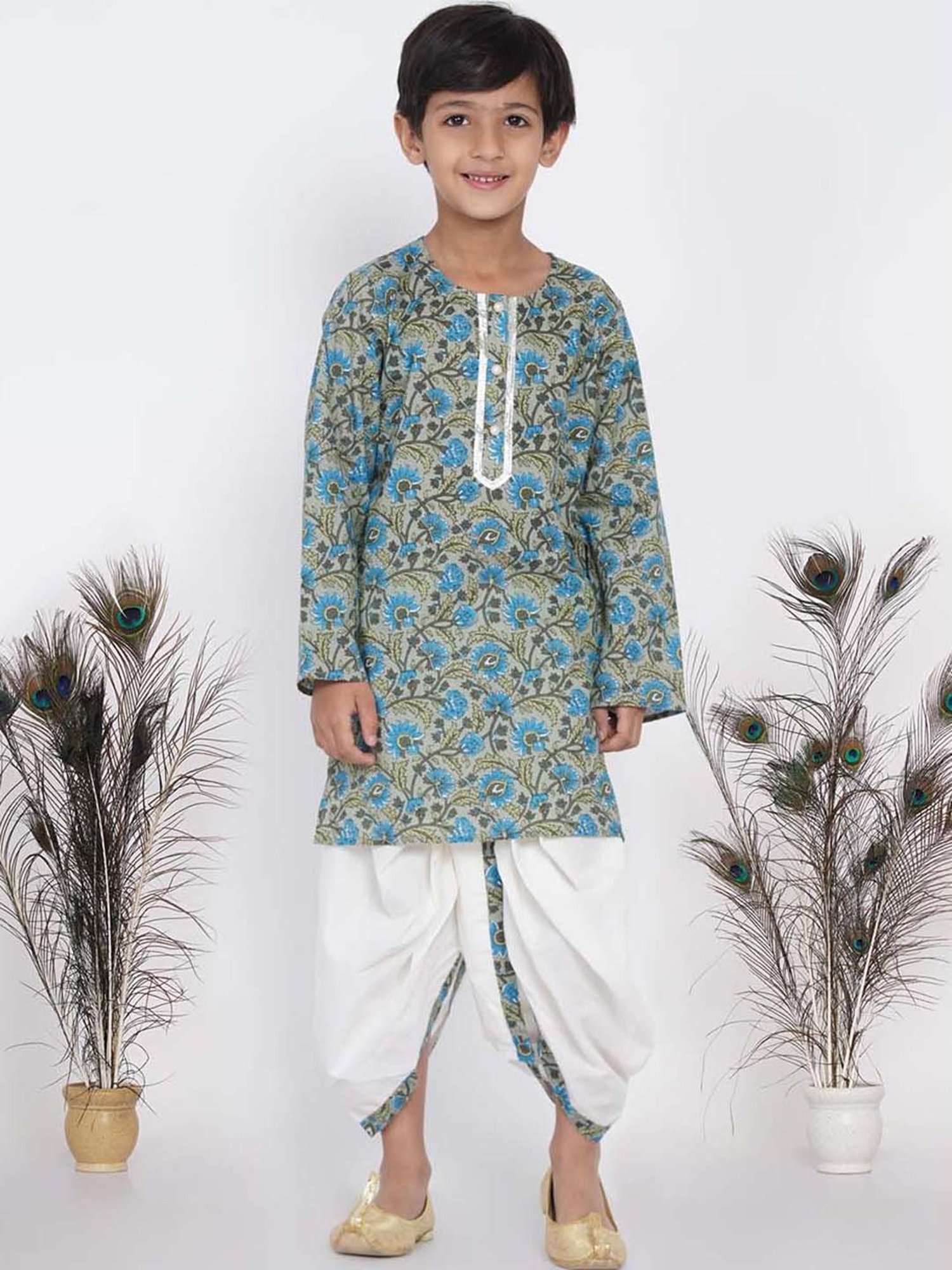 Little Bansi Kids Green & Cream Cotton Floral Print Kurta Set