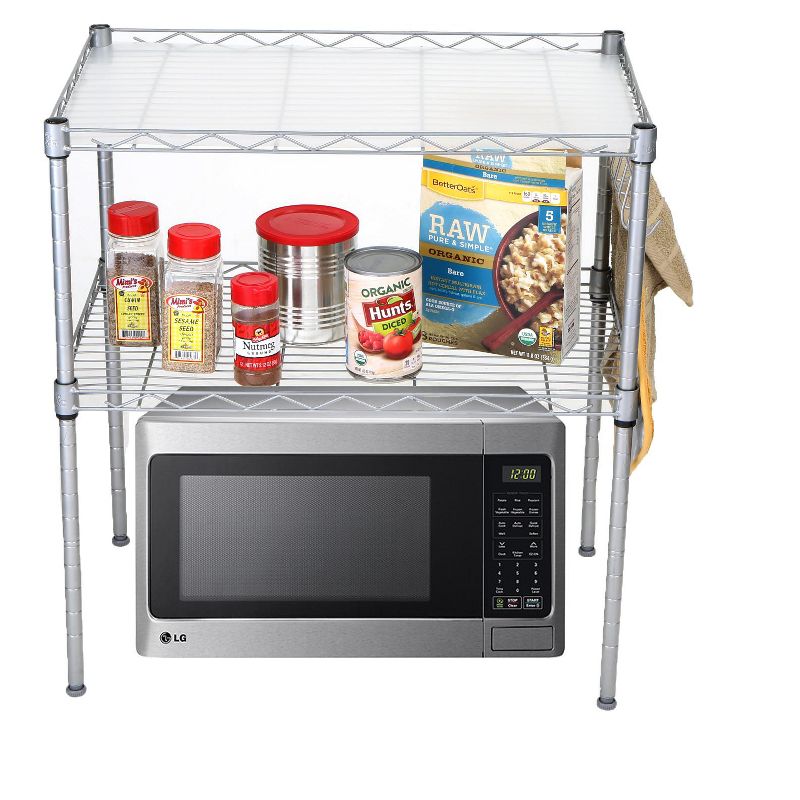 MIND READER 2-Tier Metal Rack Utility Shelf and Microwave Stand with Hooks on the Side (Silver)