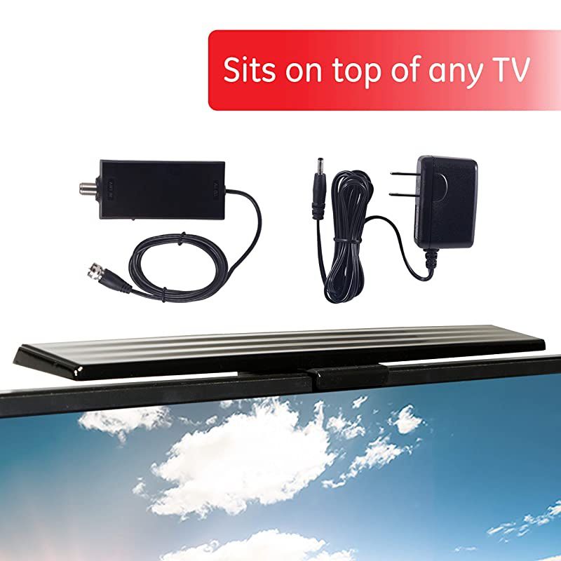 Version GE HD Amplified TV Antenna Easy Mount to Top of TV Design Long Range Supports 4K 1080P Digital HDTV VHF UHF Included Amplifier Signal Booster AC Adapter 5 ft Coax Indoor 37075