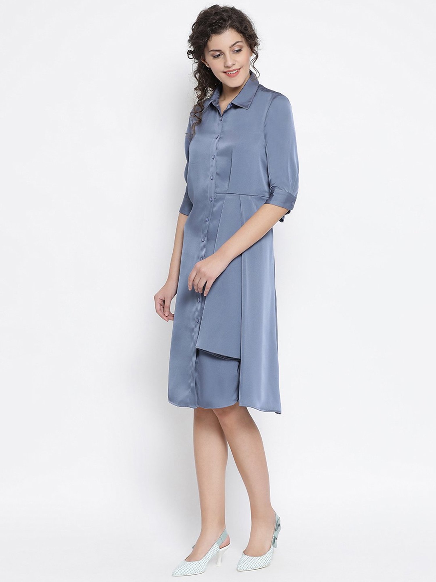 Office & You Blue Dress With Grey Flower Bunch Brooch