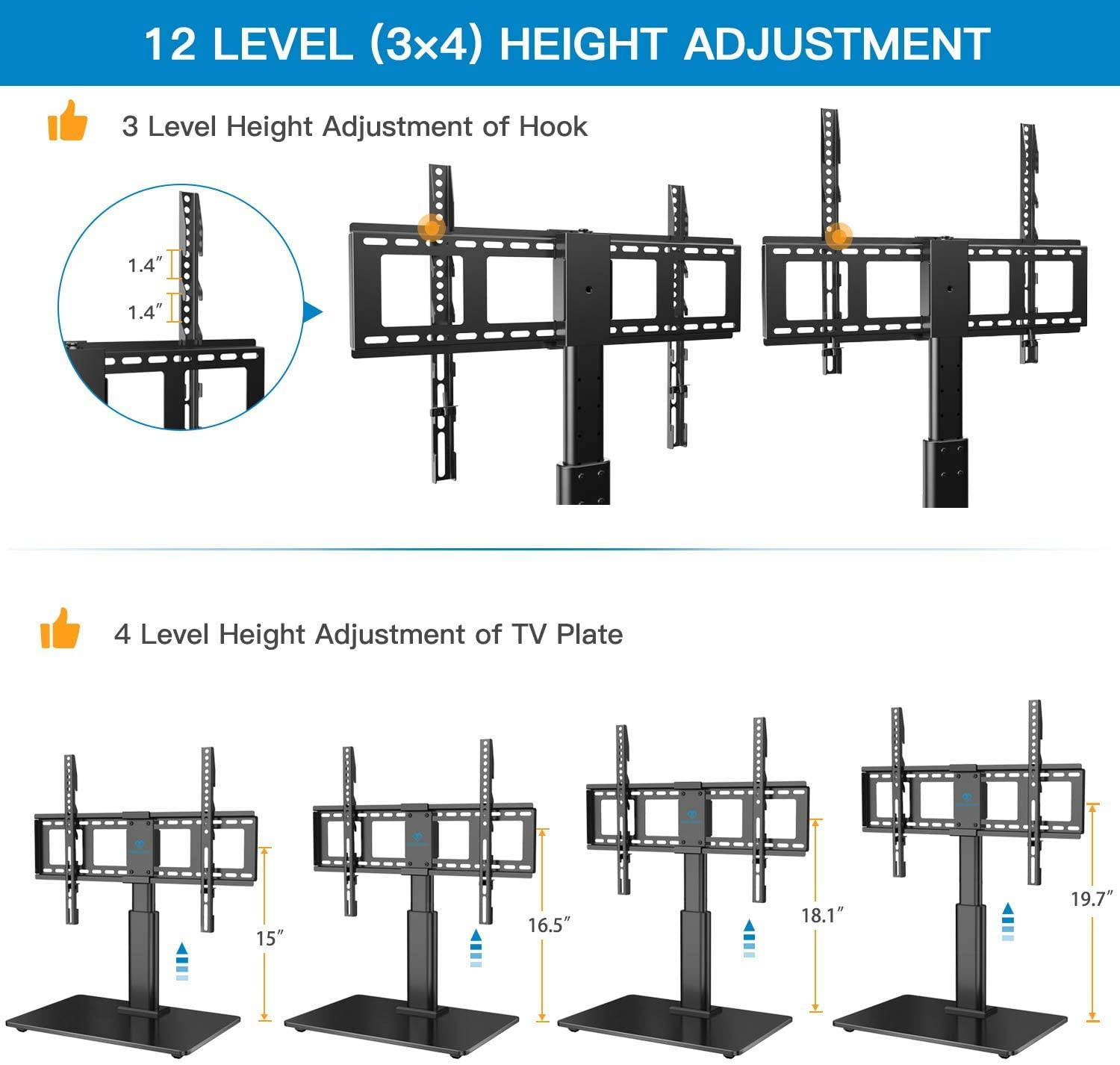 PERLESMITH Swivel TV Stand Universal Table Top TV Base for 32 to 65 inch LCD LED OLED 4K Flat Screen TVs - Height Adjustable TV Mount Stand with Safe TV Anti-tip Cable, VESA 600x400mm