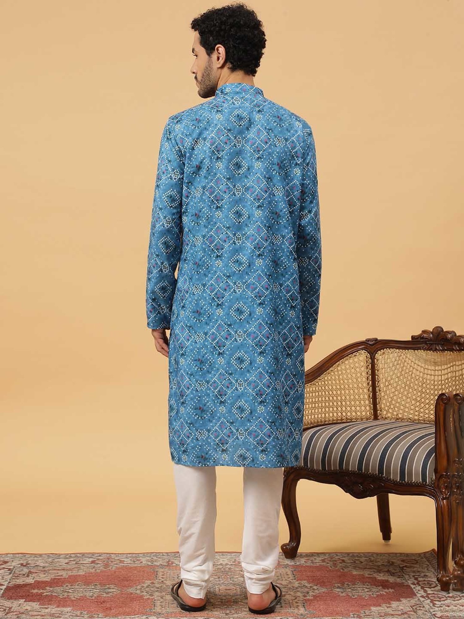 TABARD Blue & White Regular Fit Printed Kurta & Churidar Set