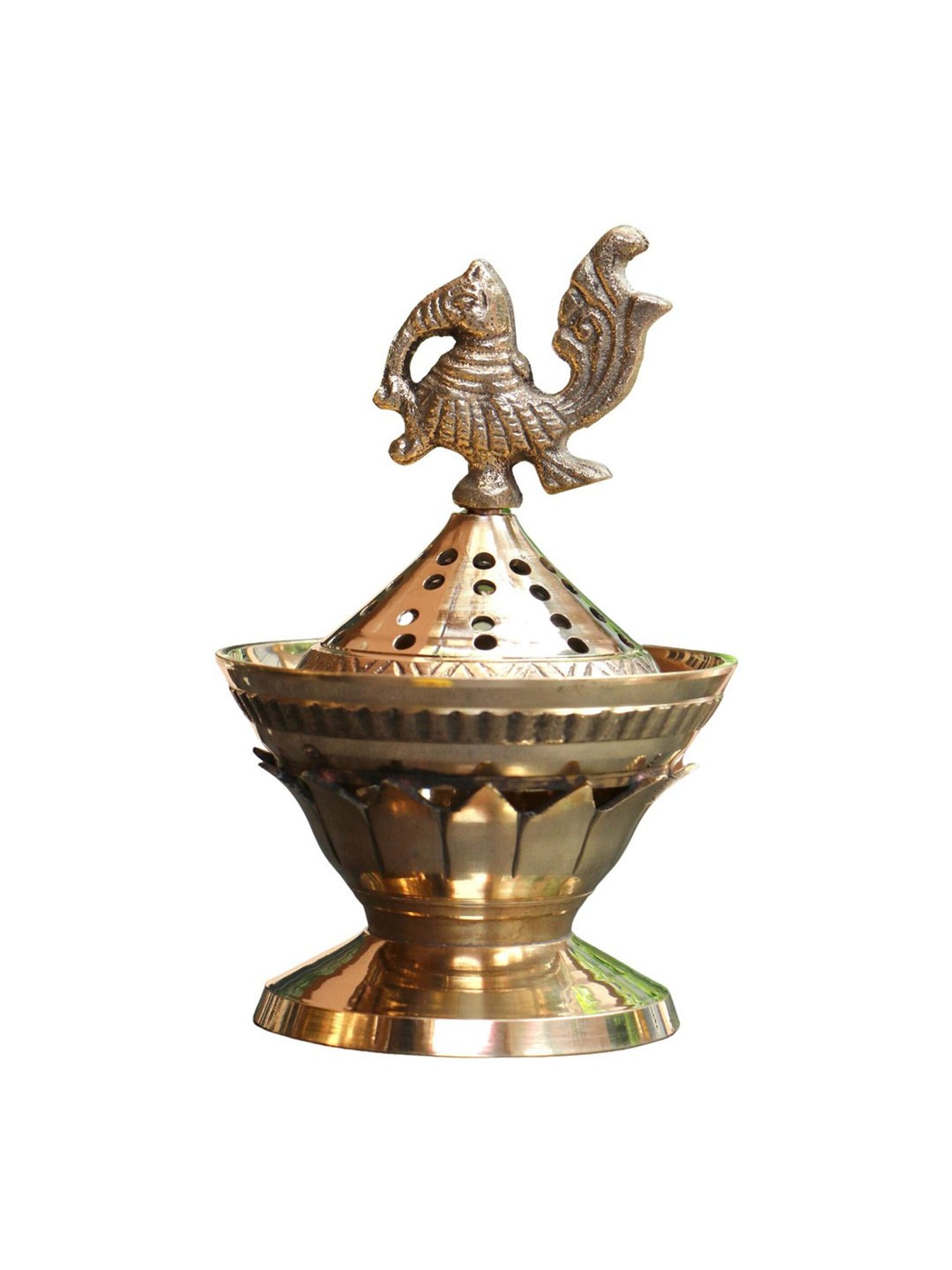 Ambi Lotus Base Peacock Top Brass Dhuni Loban Sambrani Incense Burner (Small)