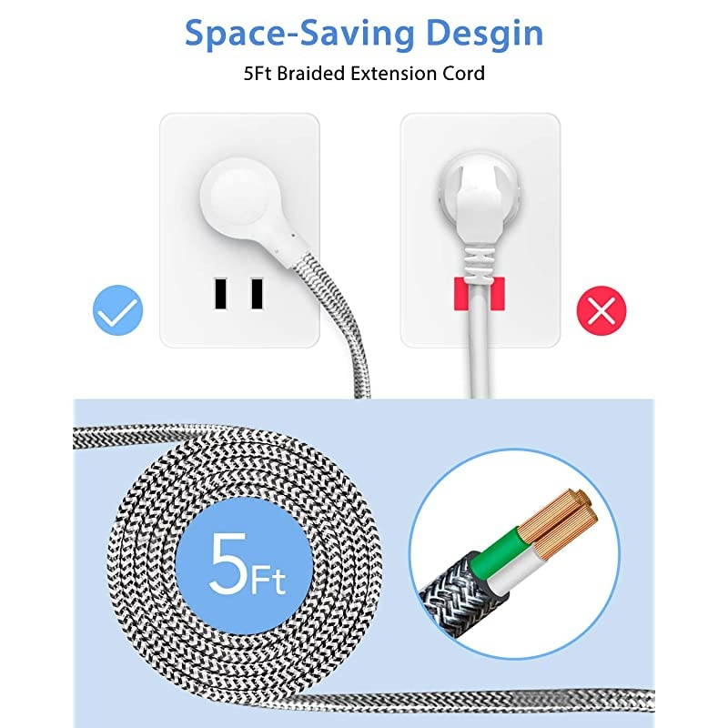 Strip with 3 Outlets and 3 USB Ports1625W13A ETL Listed Wall Mountable with 5Ft Braided Extension Cord Overload Protection for CruiseHomeOfficeTravel