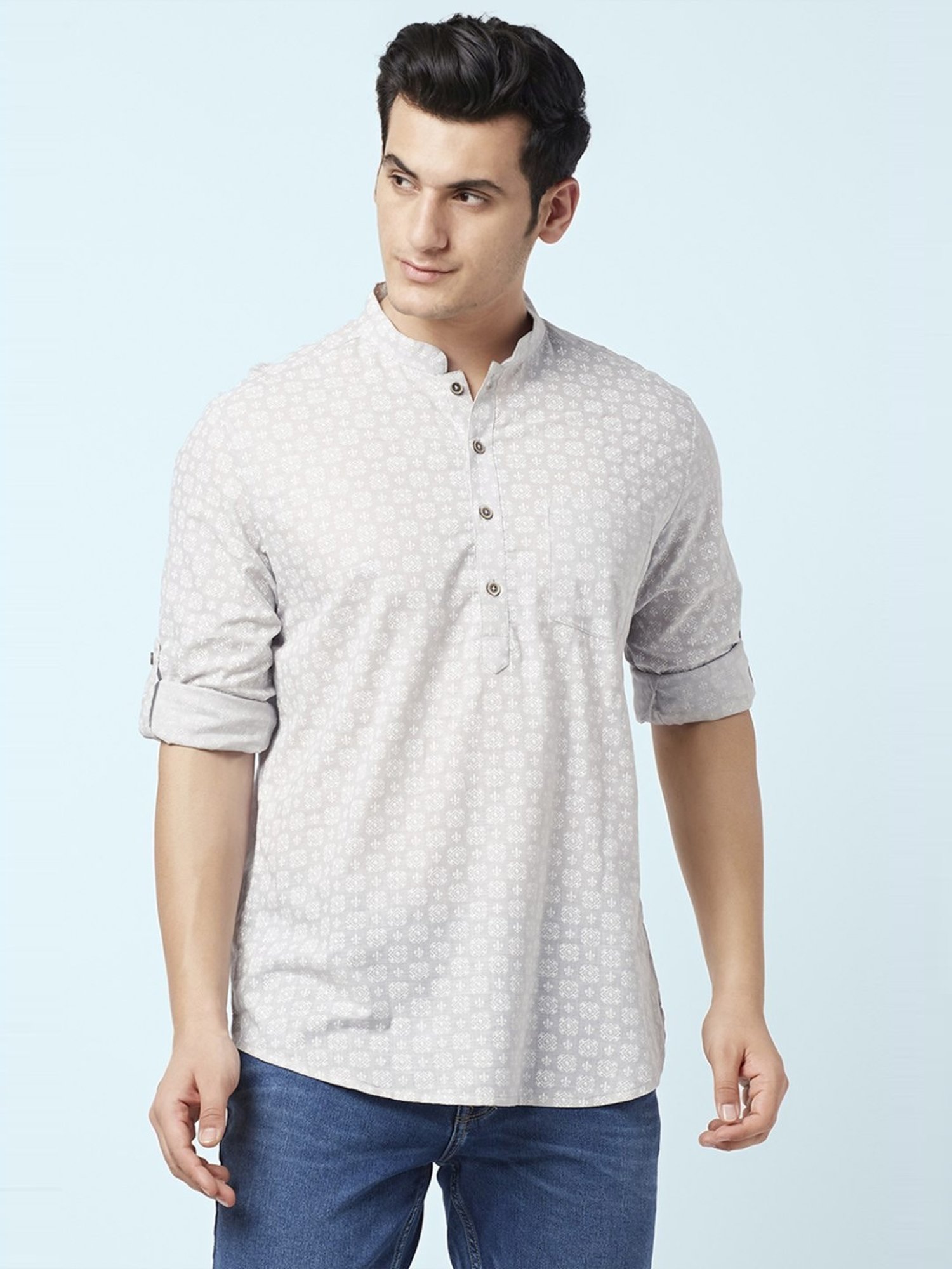 Indus Route by Pantaloons Grey Cotton Regular Fit Printed Short Kurta