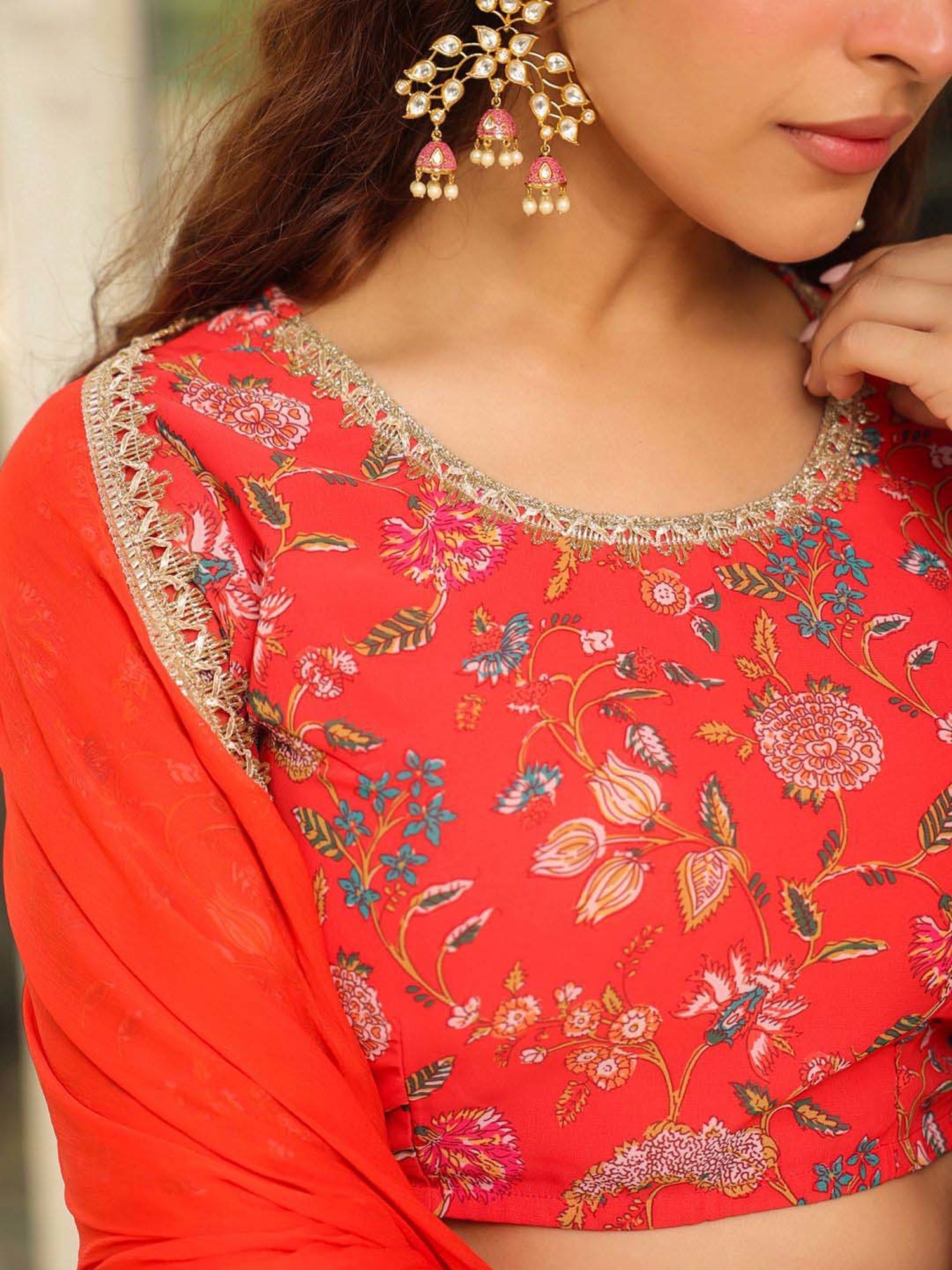 Janasya Red Printed Lehenga Choli Set With Dupatta