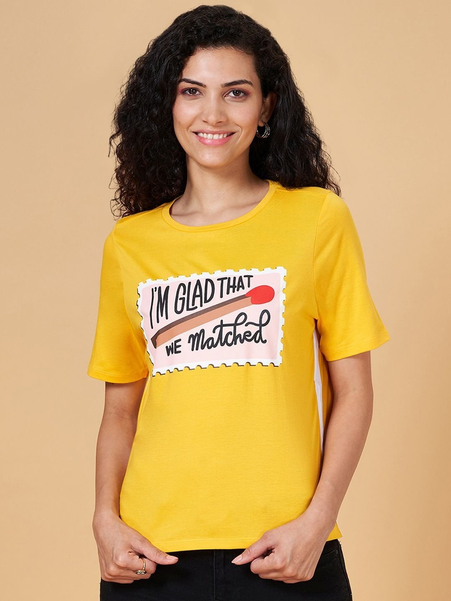 People by Pantaloons Yellow Cotton Graphic Print T-Shirt