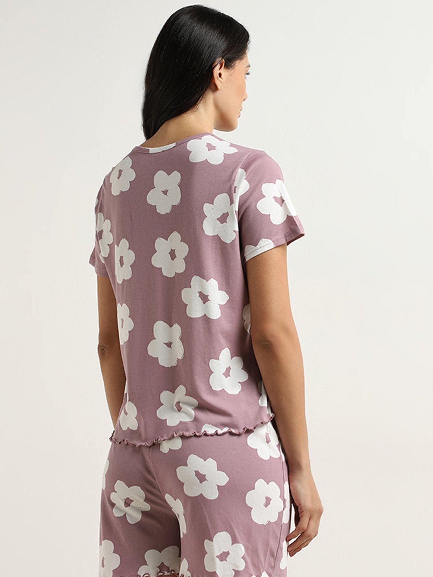 Wunderlove by Westside Mauve Floral Printed Cotton Shorts Set In A Bag