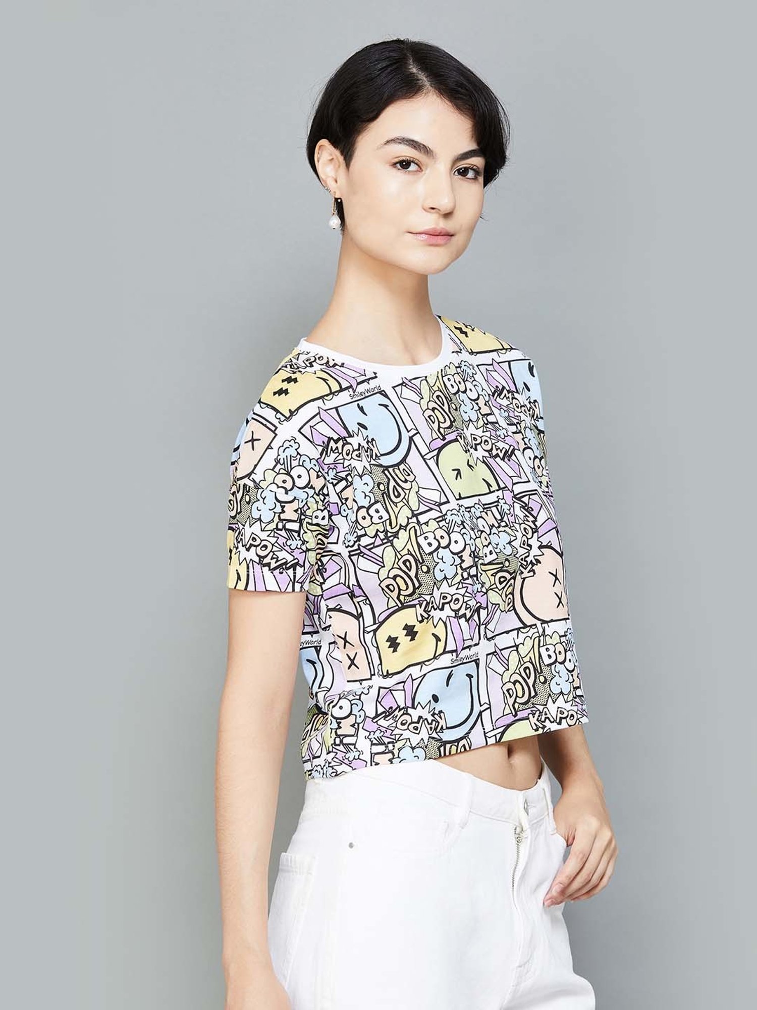 SmileyWorld Multicolored Cotton Printed Crop T-Shirt