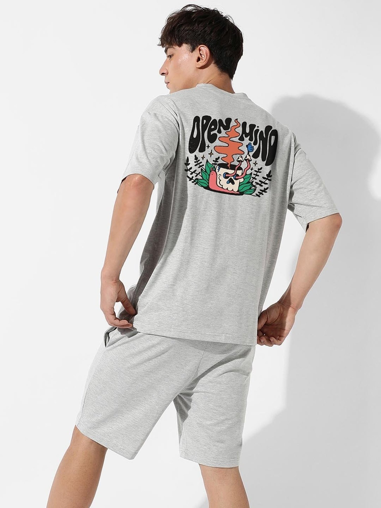 Campus Sutra Grey Regular Fit Oversized Open Mind Printed Co-Ord Set