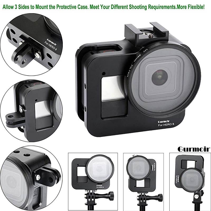 Back Door Case Aluminum Alloy Frame Housing for Gopro Hero 8 Black Action Camera, Wire Connectable Protective Metal Side Open Shell with 52mm UV Filter for Gopro Hero 8