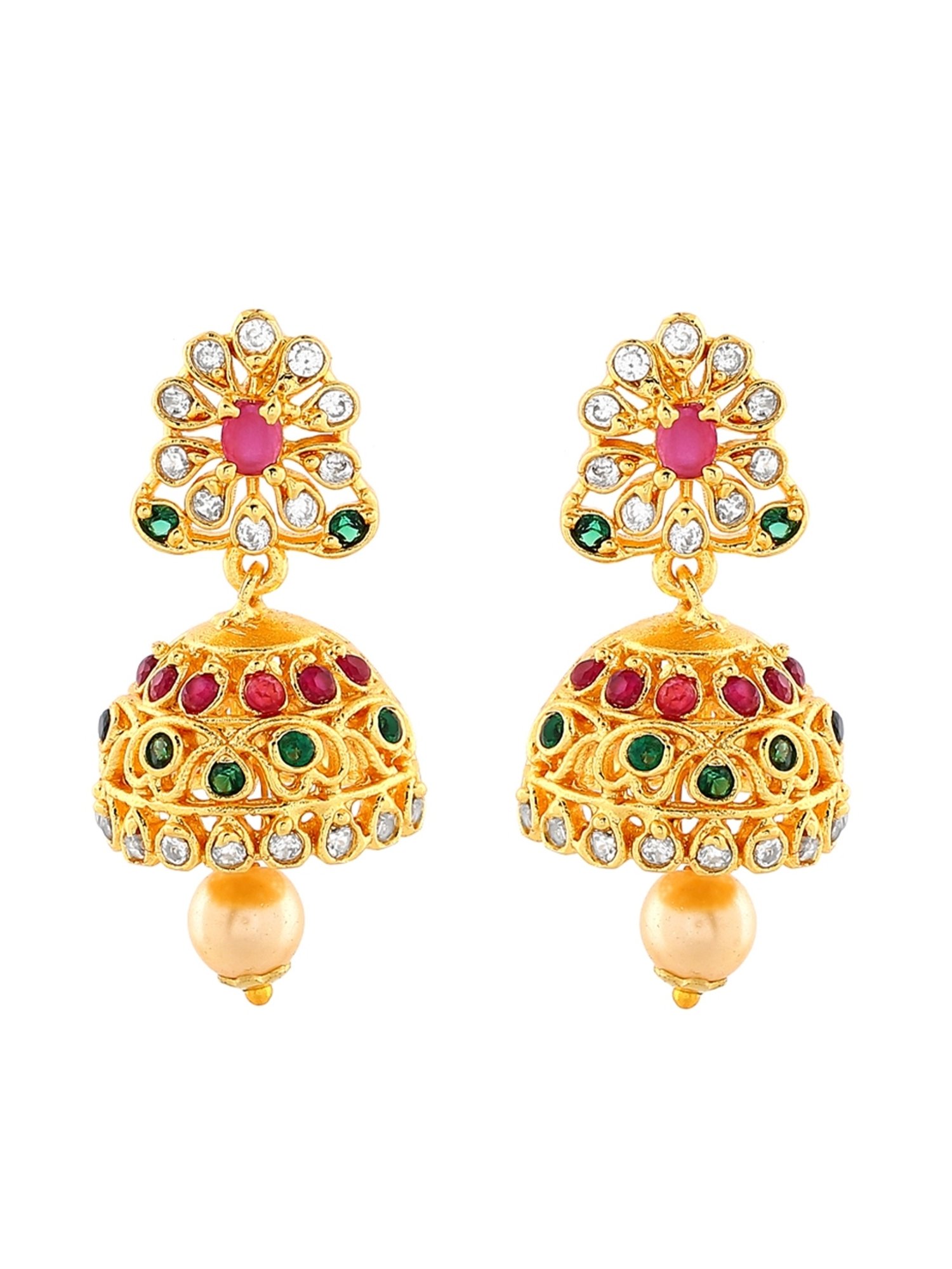 Estele Gold-Plated CZ Intricate Jhumki Earrings with Pearl & Multi Crystal for Women