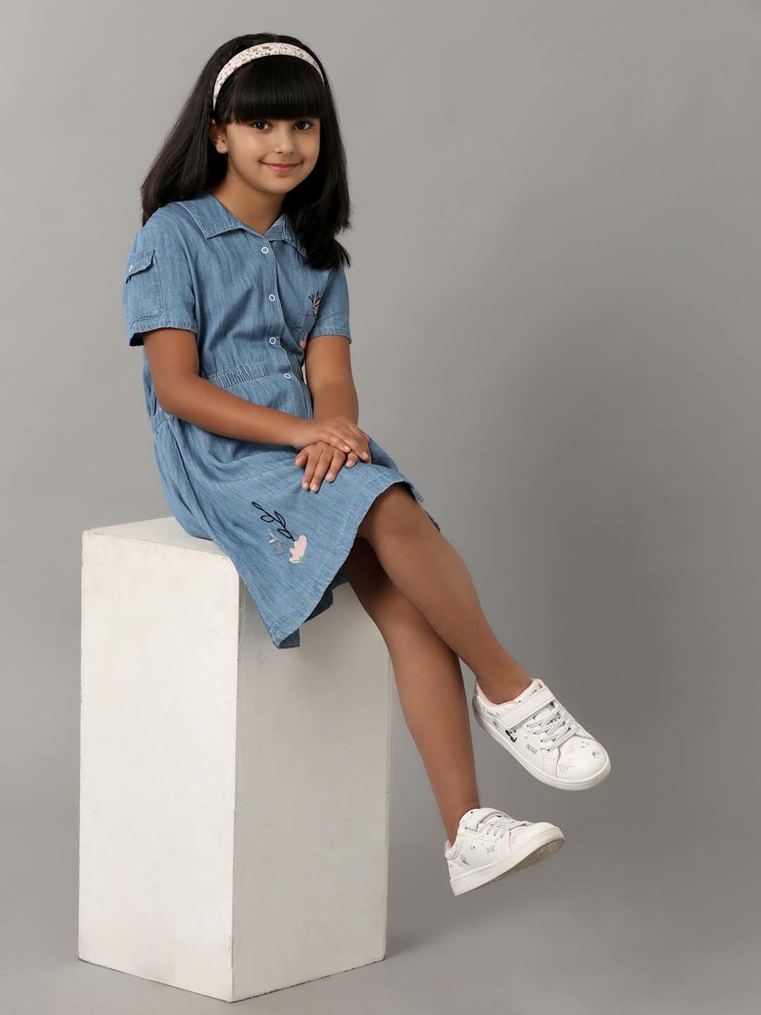 Under Fourteen Only Kids Blue Cotton Embroidered Dress