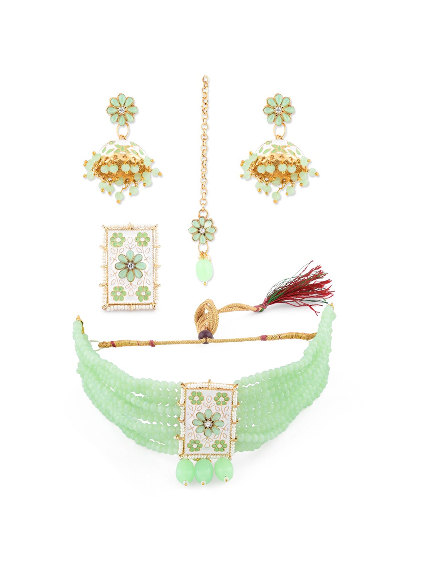Zaveri Pearls Green White Enamel Multistrand Necklace, Earring, Maangtikka & Ring Set