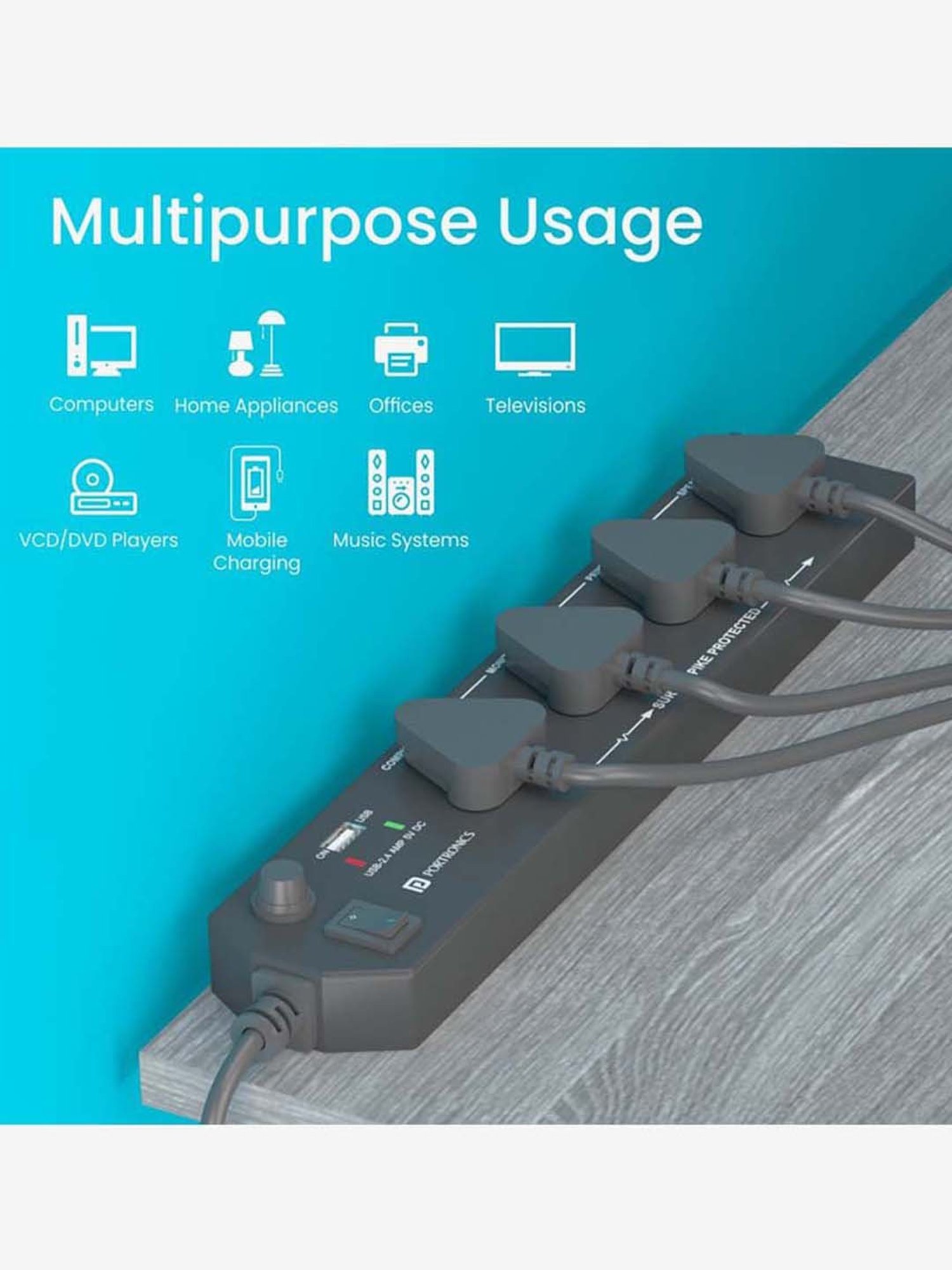 Portronics Power Plate 4 POR-1291 with 4 Power Sockets and USB Port Surge Protector (Black)