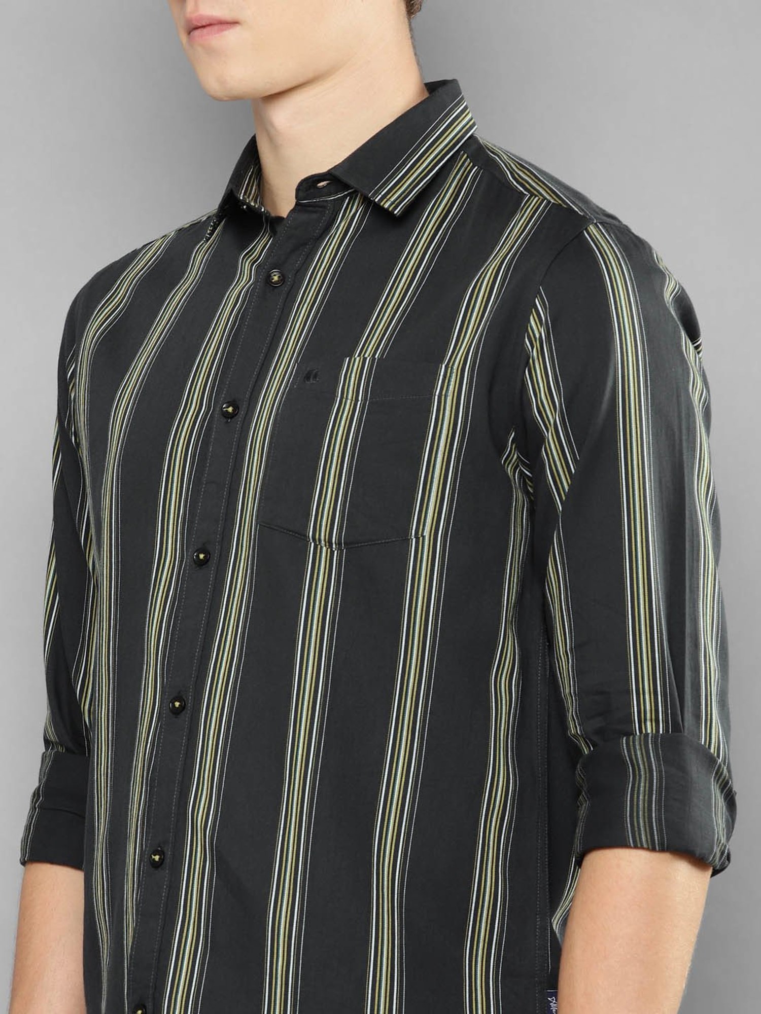 Allen cooper Black Regular Fit Striped Cotton Shirt