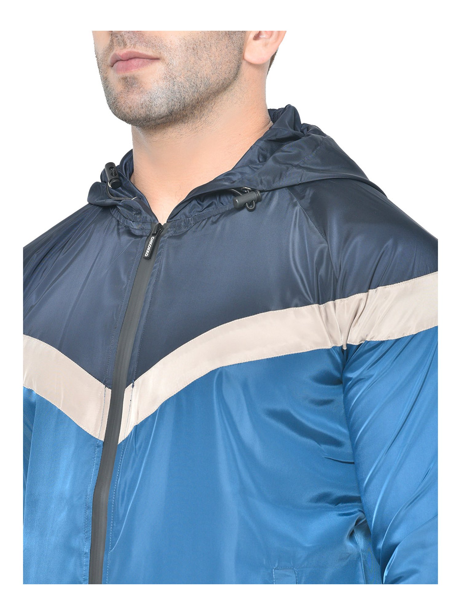 Chkokko Navy Blue Regular Fit Colour Block Hooded Jacket