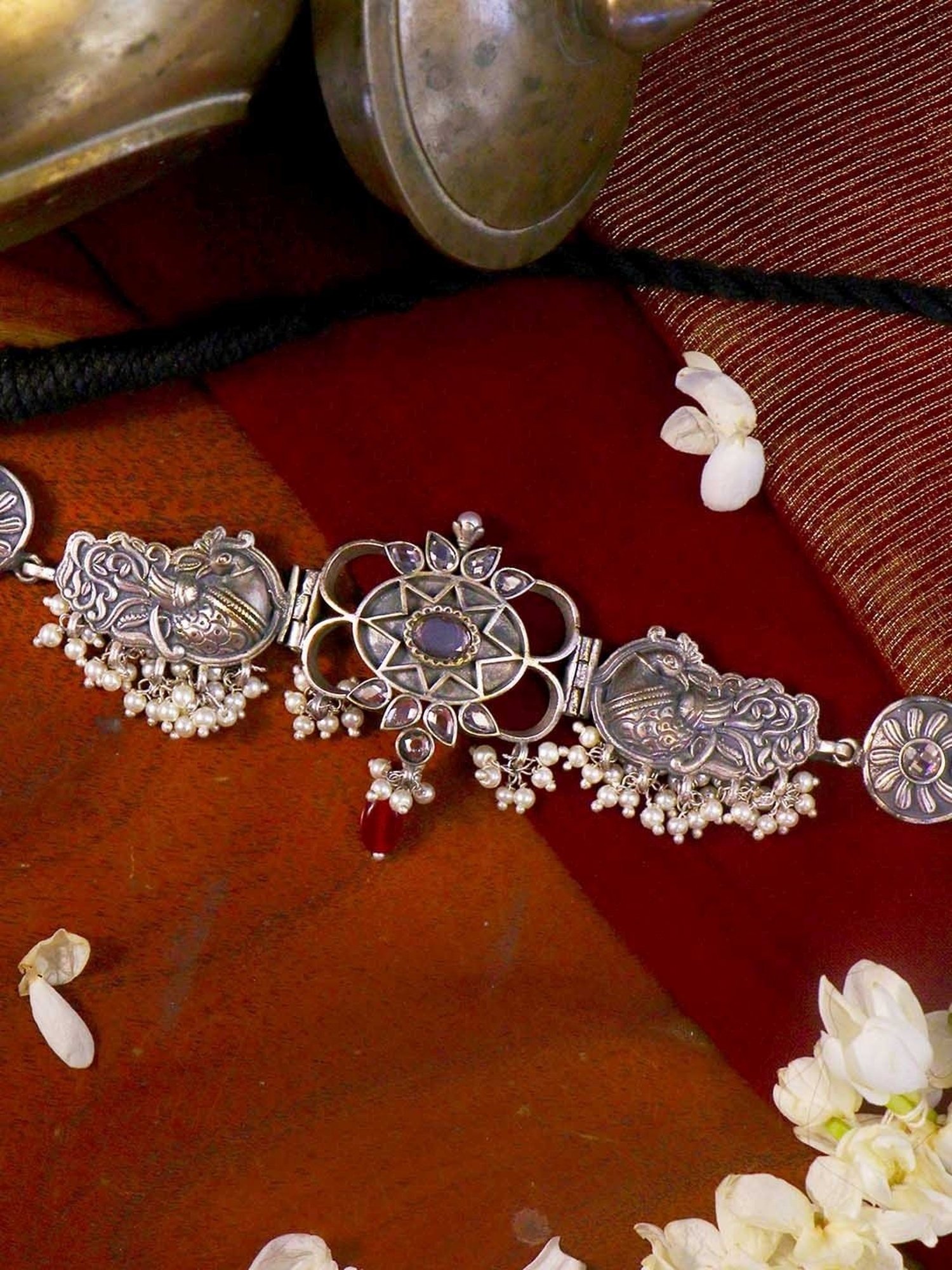 Teejh Ethnic Dancing Dual Peacock White Silver Oxidized Choker Necklaces for Women