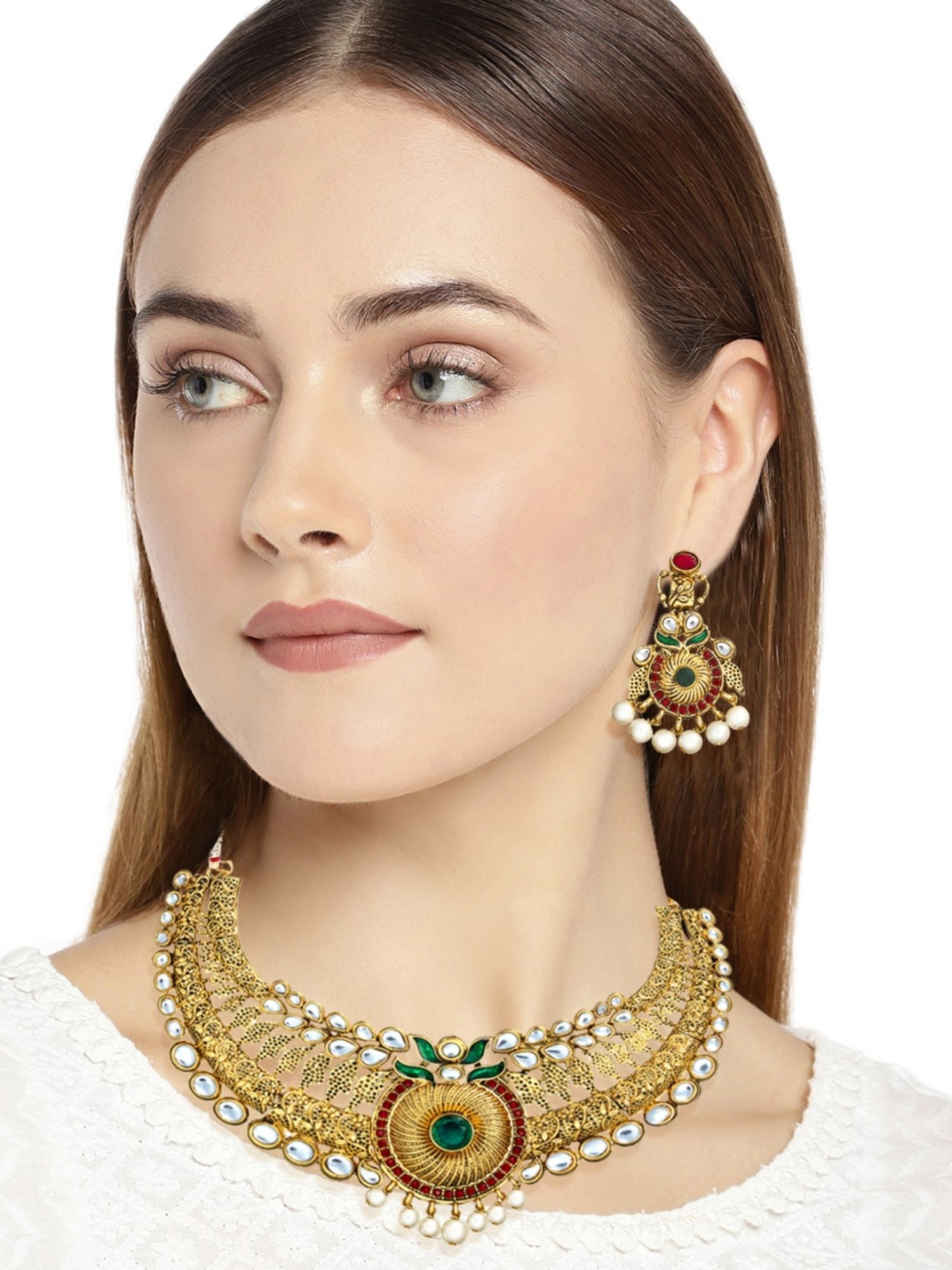 Zaveri Pearls Traditional Pearls Drop Gold Look Necklace & Earring Set-ZPFK14