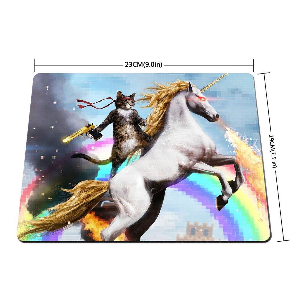 Apottwal MP-0003 Funny Cute Cat Dressed as Rambo with Gun Riding a Glowing Red Eyes Fire Breathing Unicorn Mouse Pad