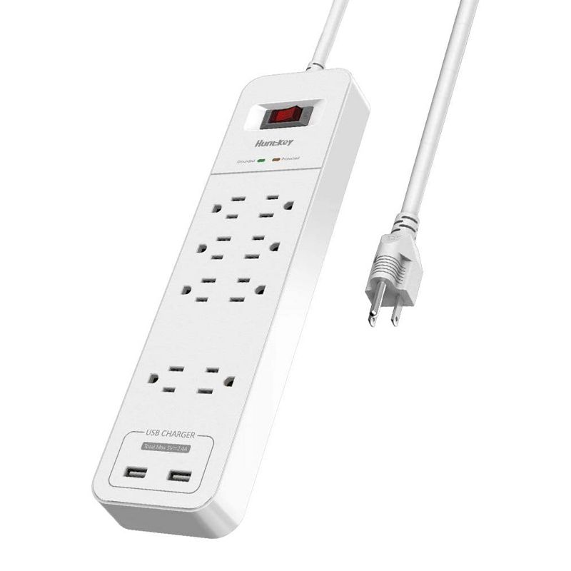 Huntkey 2 x SMC807 Power Strip with 8 Standard American Sockets, 2 5V/2.4A USB Ports, and 6 Foot Heavy Duty Cord, White (2 Pack)