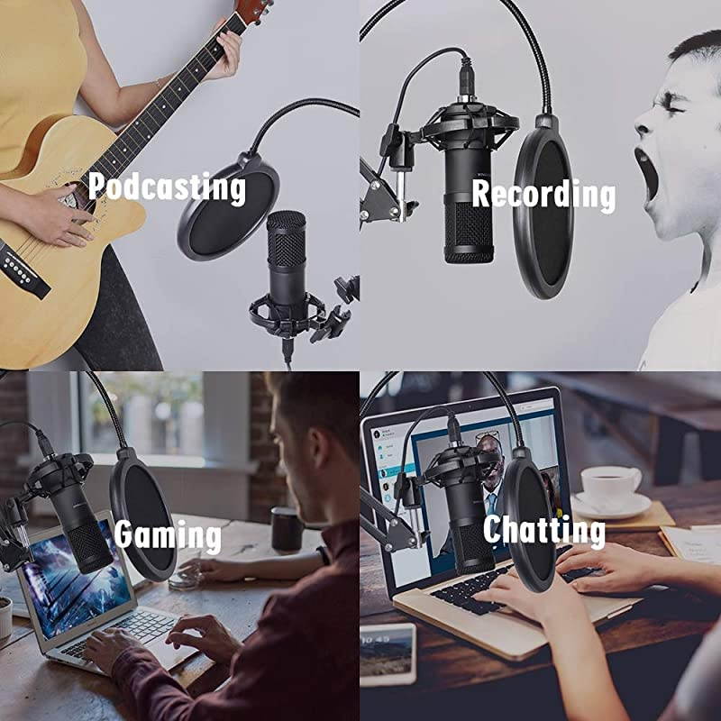 USB Streaming Podcast PC Microphone  professional 192KHZ24Bit Studio Cardioid Condenser Mic Kit with sound card Boom Arm Shock Mount Pop Filter for Skype YouTuber Karaoke Gaming Recording