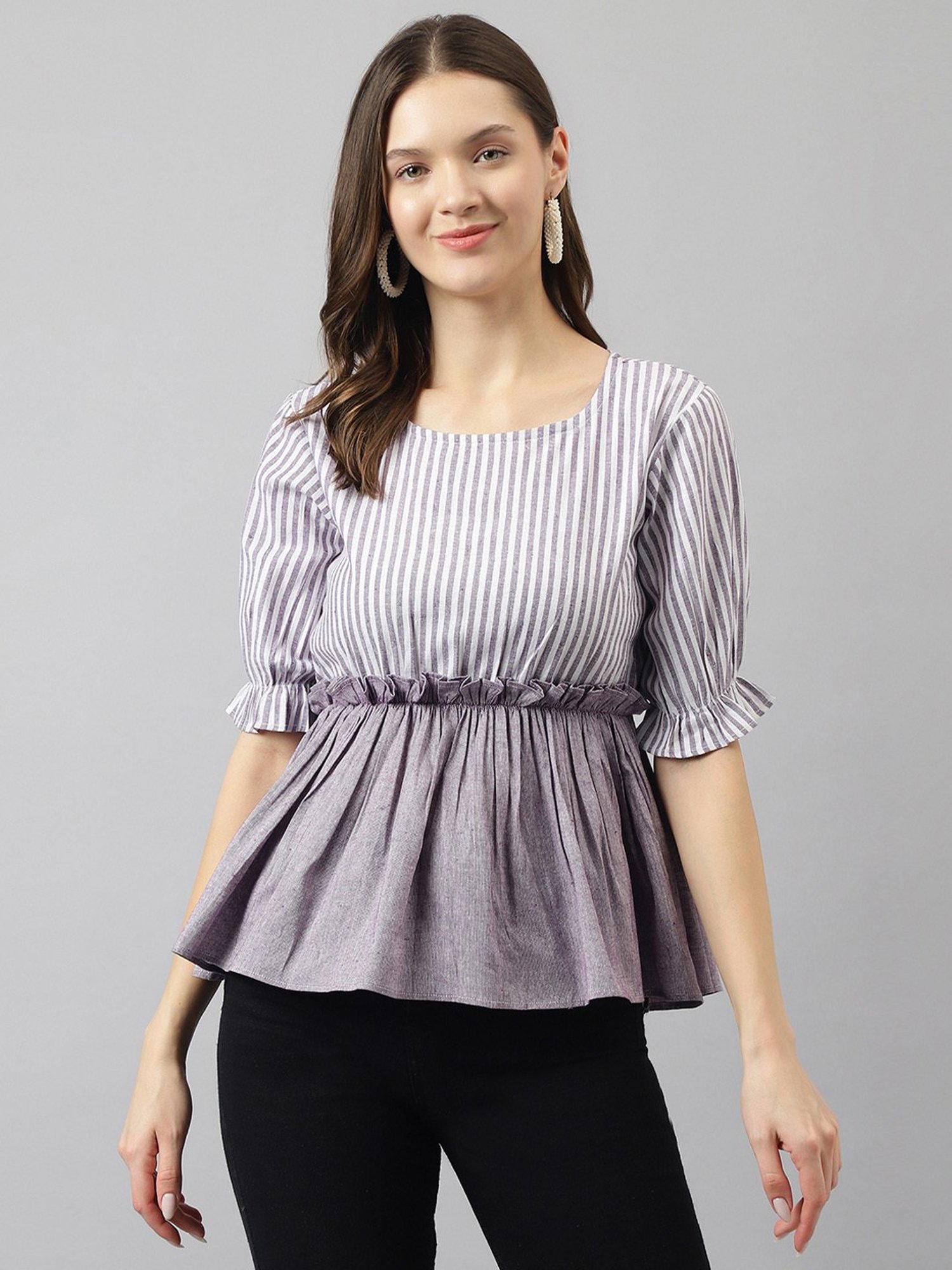 KERI PERRY Purple & White Cotton Striped Top