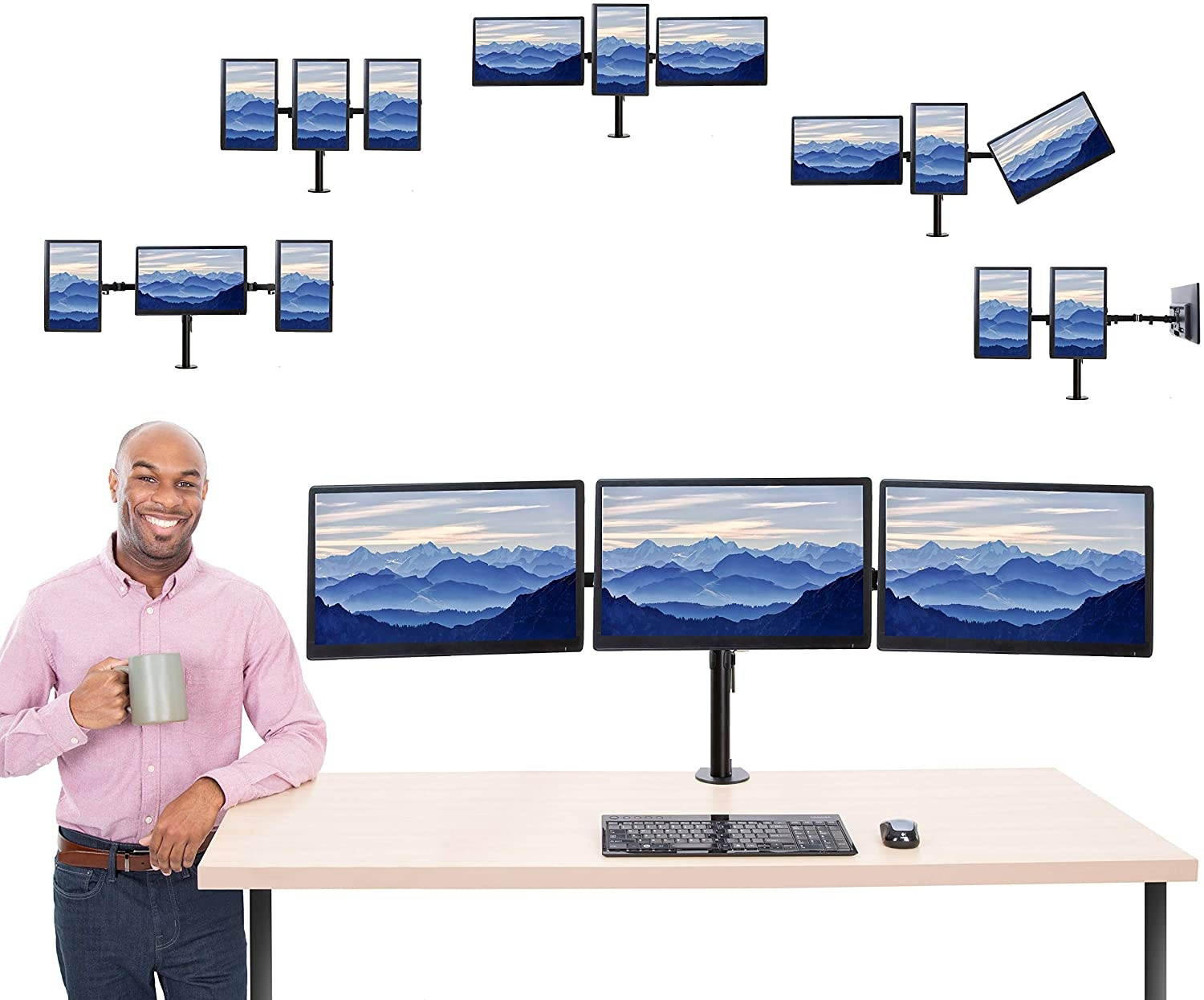 3 Monitor Mount Desk Stand | Height Adjustable Triple Horizontal Monitor Arm with Desk Clamp| Full Articulation VESA Mount Fits Most LCD/LED Monitors 13-26 in. (3 Arm Horizontal Clamp)