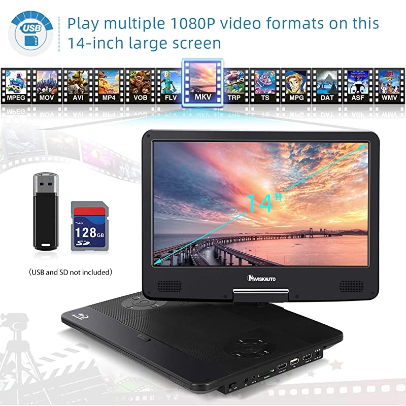 Inch Portable Blu-Ray DVD Player for Car Full HD 1080P with HDMI Output and Input, Dolby Audio, 3-Hour Rechargeable Battery, AUX Cable, Support USB and SD