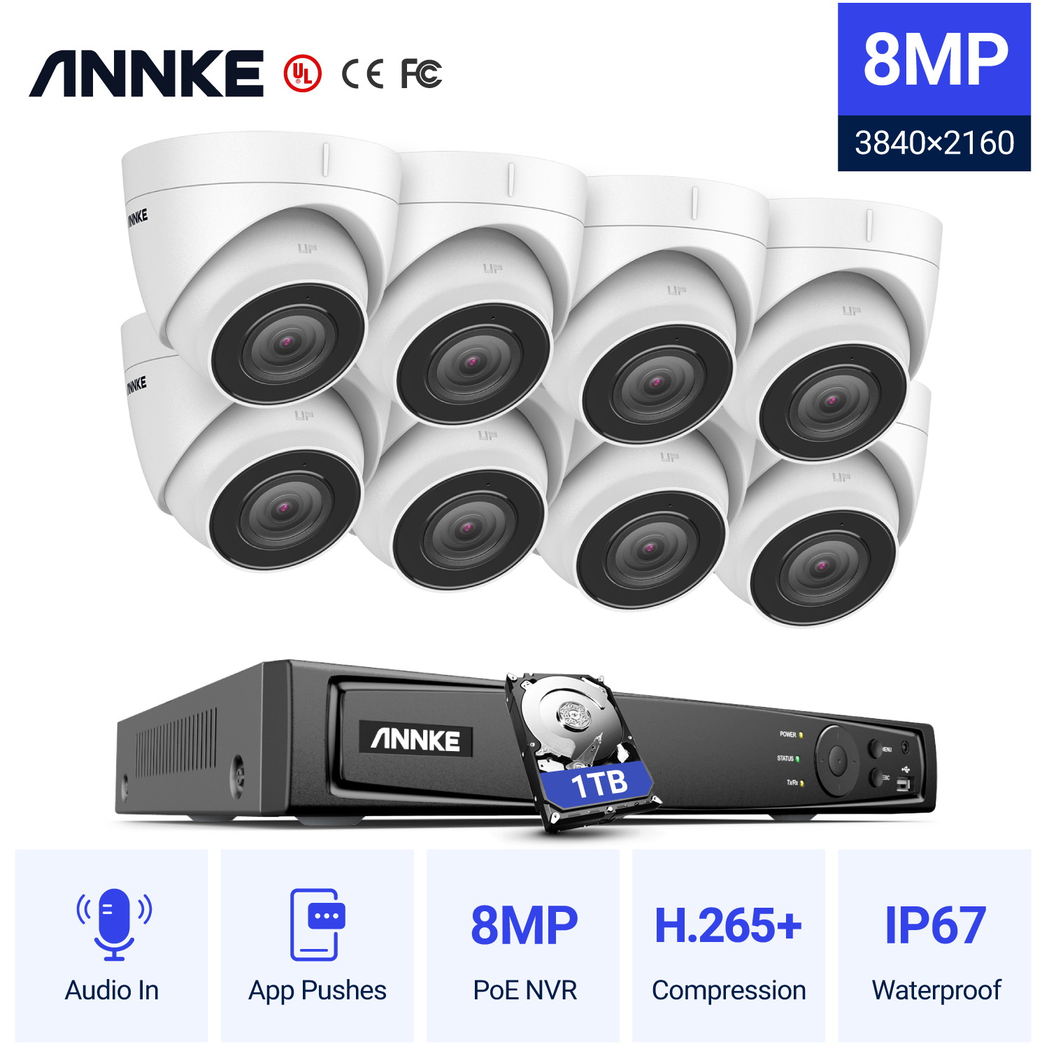 ANNKE H800 8MP 4K Ultra HD PoE ONVIF 8CH NVR Turret Security Camera System with H.265+ Coding 4K Wired HD Outdoor Indoor IP67 Weatherproof Cameras -1TB