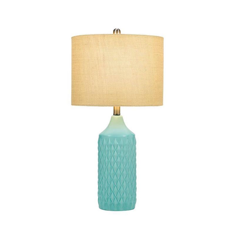 26.5" Quilted Ceramic Table Lamp with Natural Linen Drum Shade Aqua Blue - Cresswell Lighting