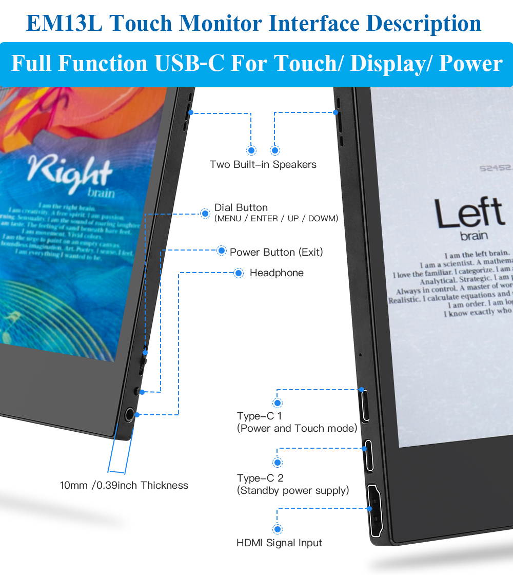 Yijianxi 13.3" Portable Gaming Monitor 1920X1080 LCD Screen Second Moniteur With Touch USB Type C HDMI for laptop phone xbox PS4 PC