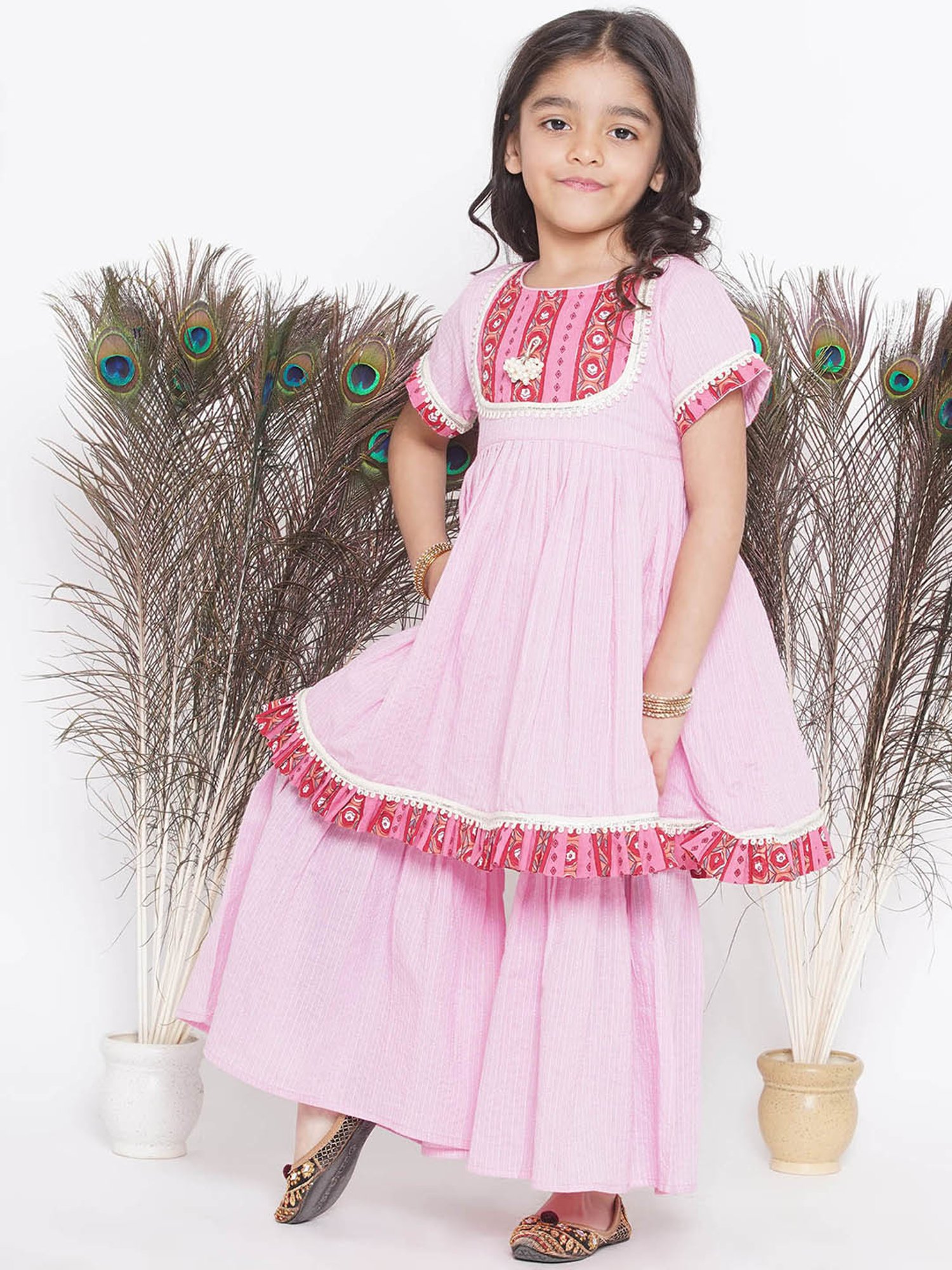 Little Bansi Kids Light Pink Printed Kurta, Salwar with Dupatta